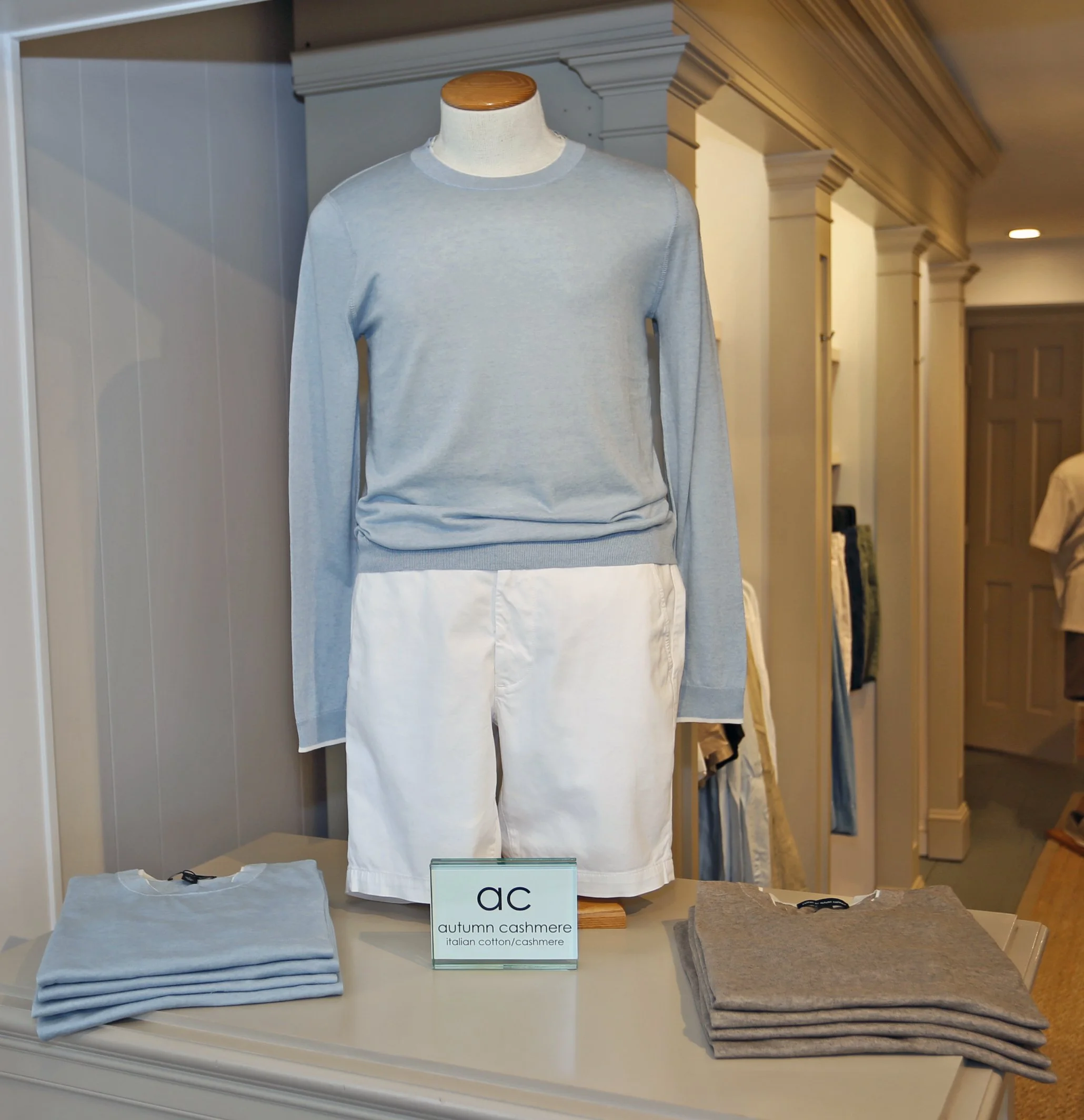 Cotton/Cashmere Double Neck Sweater in Sky Blue & White $290 (also in Stone)