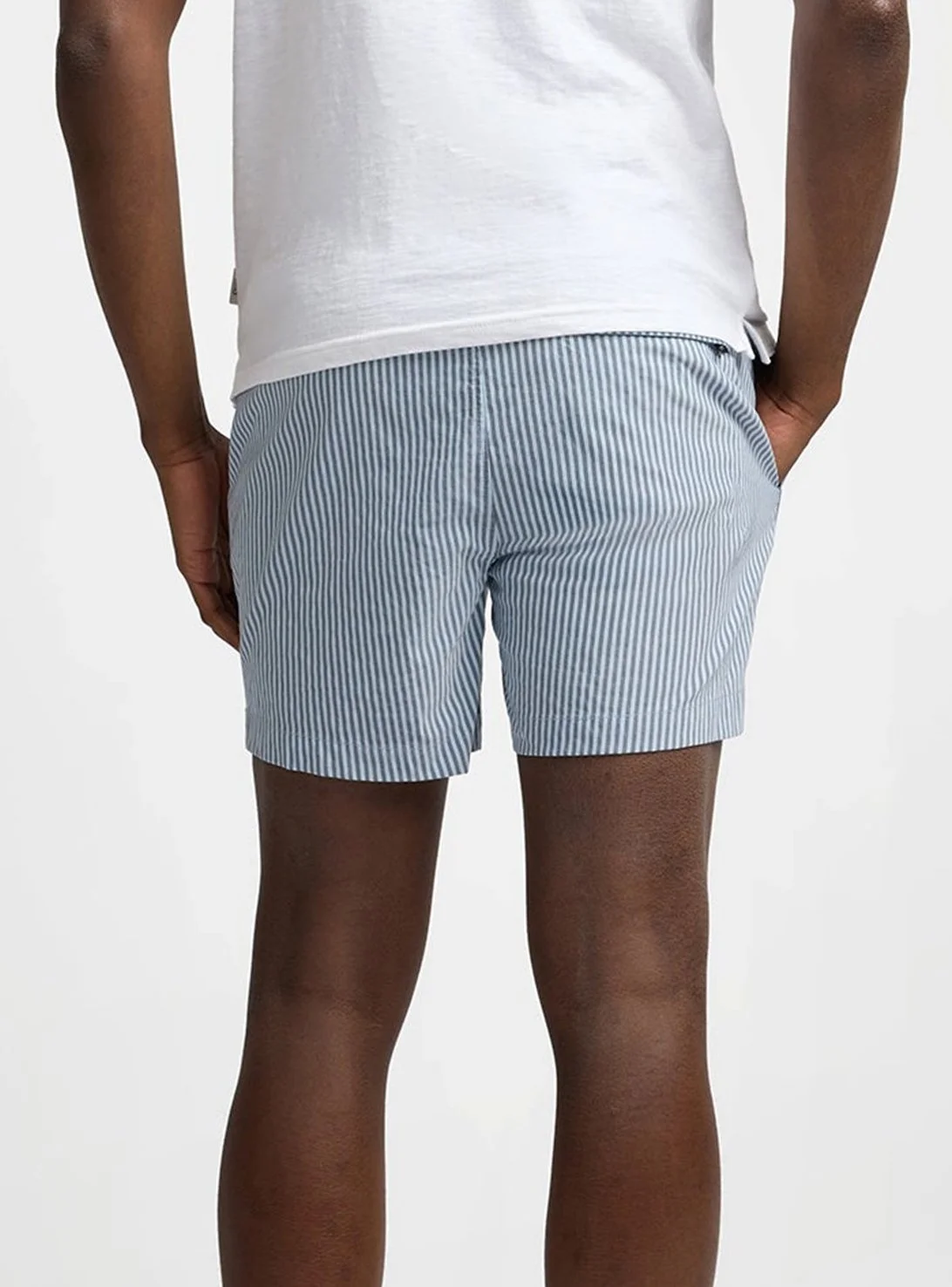 Charles 5" inseam Seersucker Swimsuit in Deep Navy & White $195