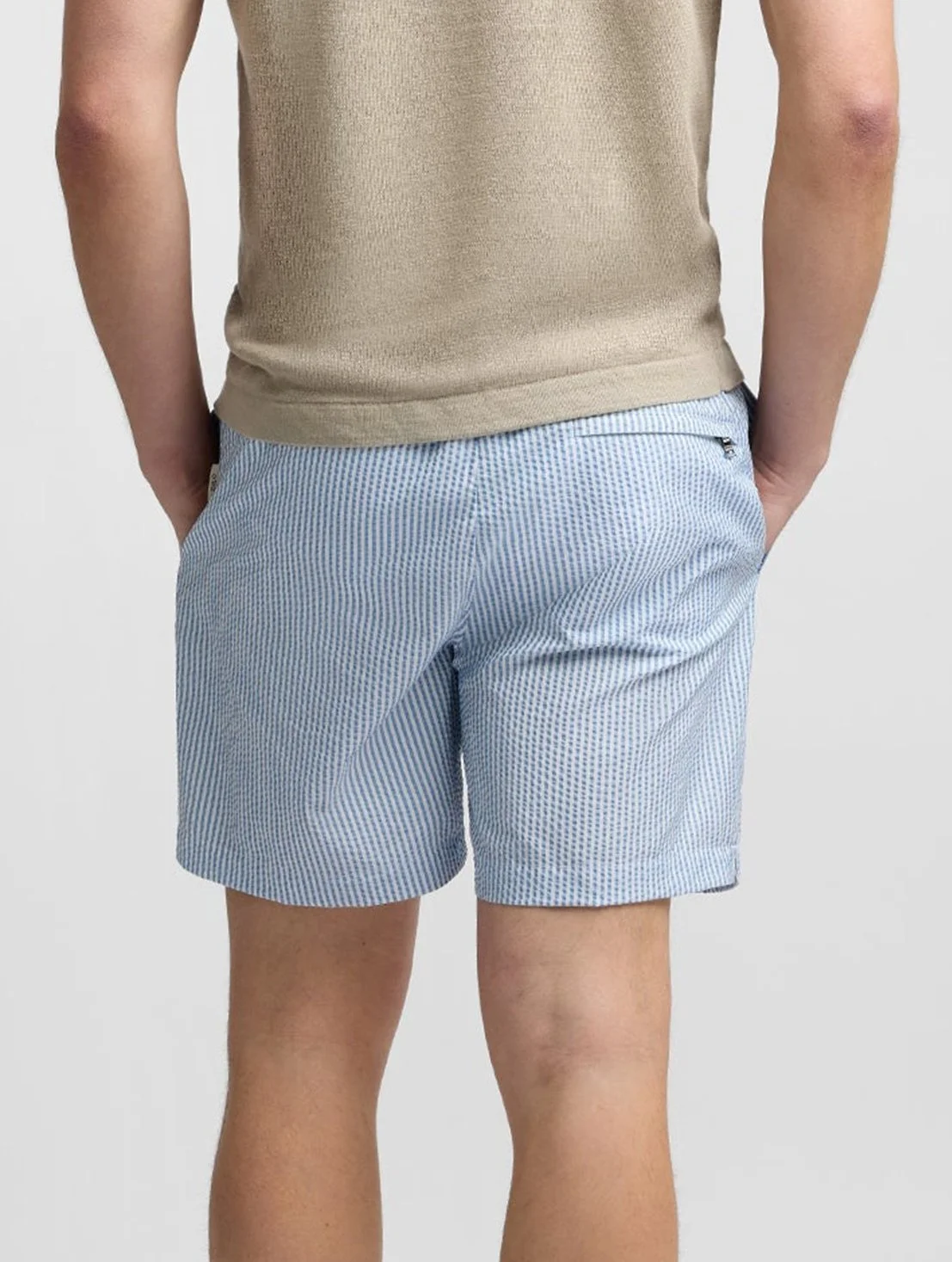 Charles 5" inseam Seersucker Swimsuit in Pale Blue & White $195