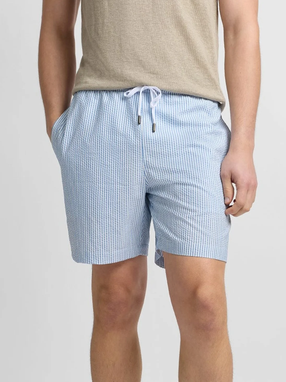 Charles 5" inseam Seersucker Swimsuit in Pale Blue & White $195