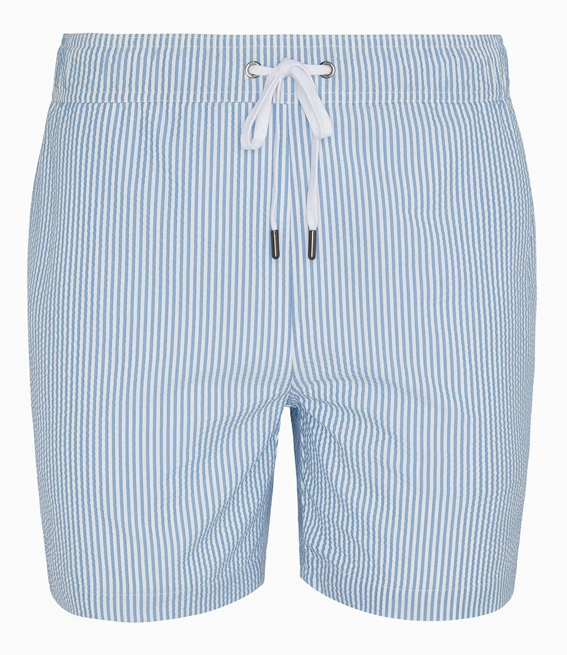Charles 5" inseam Seersucker Swimsuit in Pale Blue & White $195