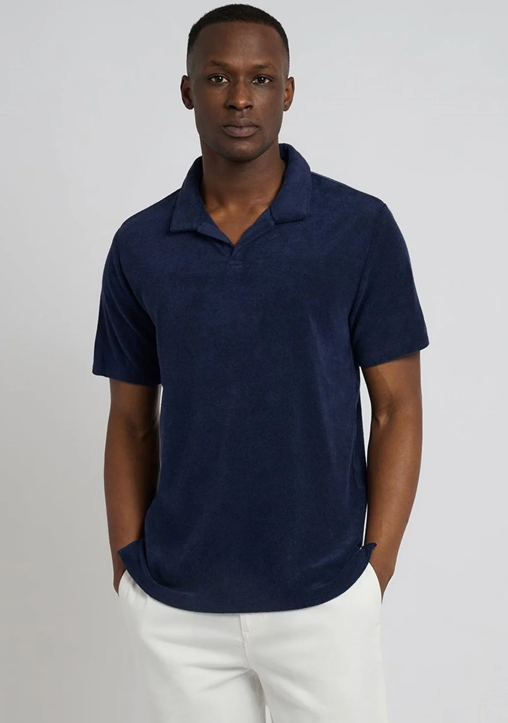 Towel Terry Johnny Collar Polo in Deep Navy $120