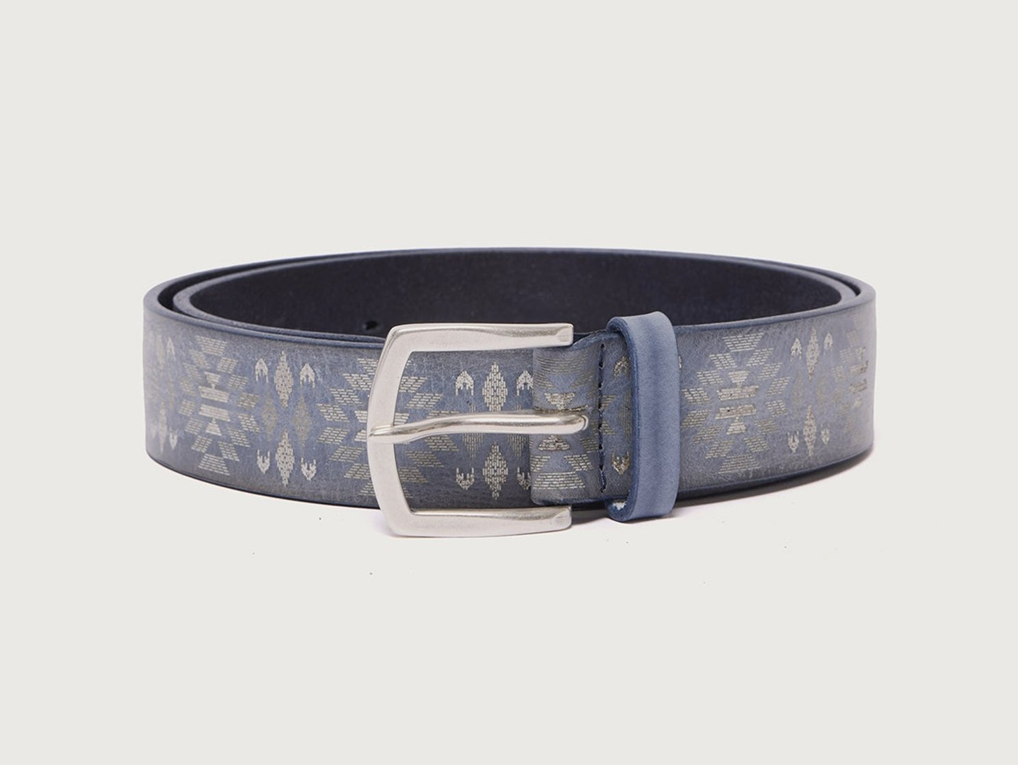Stain Soapy Patterned Leather Belt in Denim Blue $240