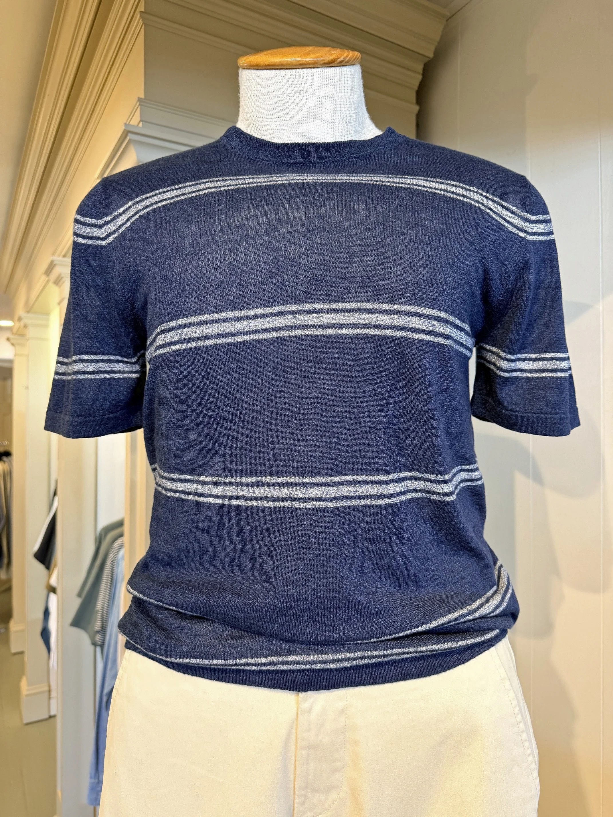 Short Sleeve Line/Cotton Stripe Crew in Navy $215