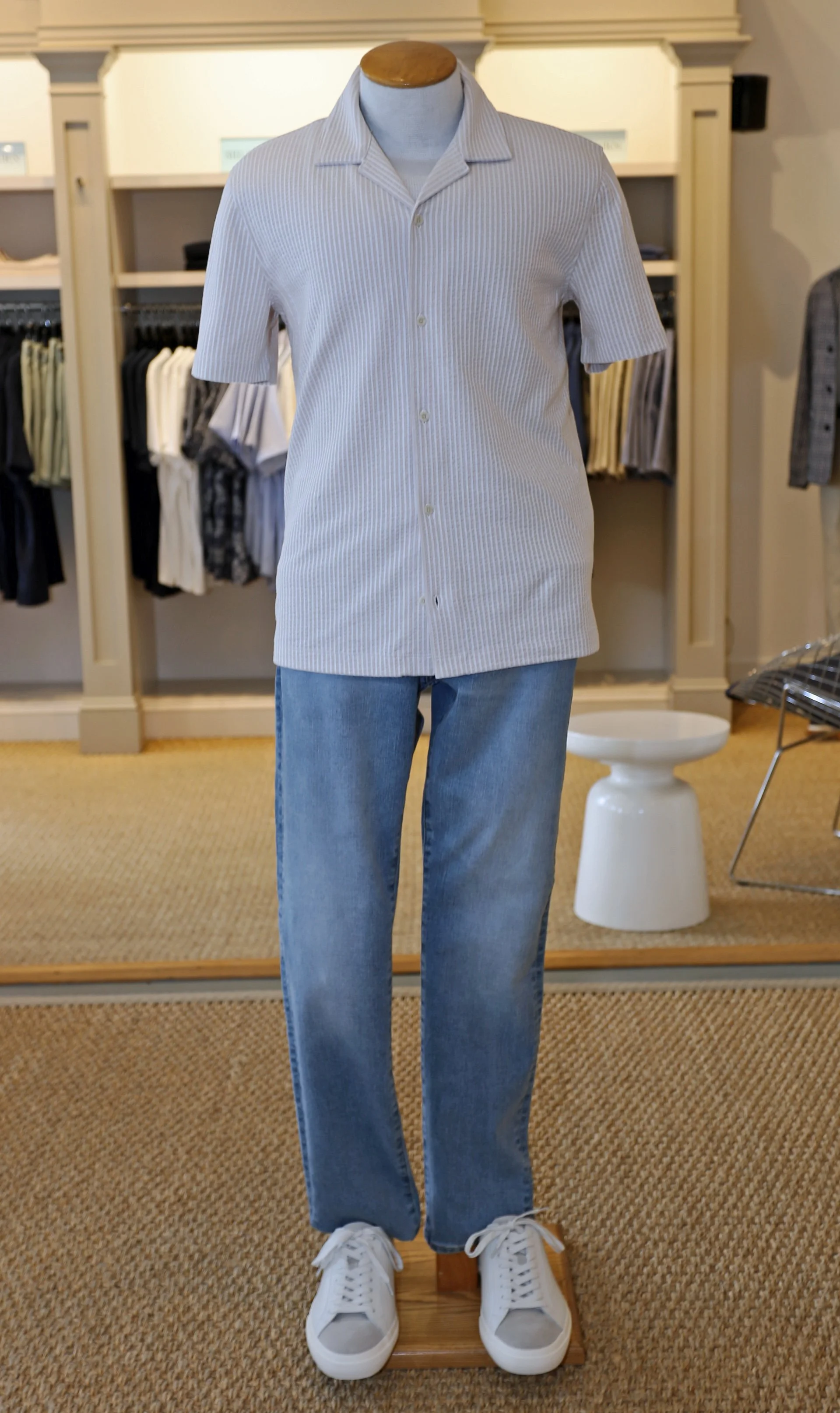   Vince Seersucker Stripe Shirt in Mineral $228    AG Jeans Tellis Jean in Sequoia wash $225    Vince Footwear Fulton Leather &amp; Suede Sneaker in White $198  
