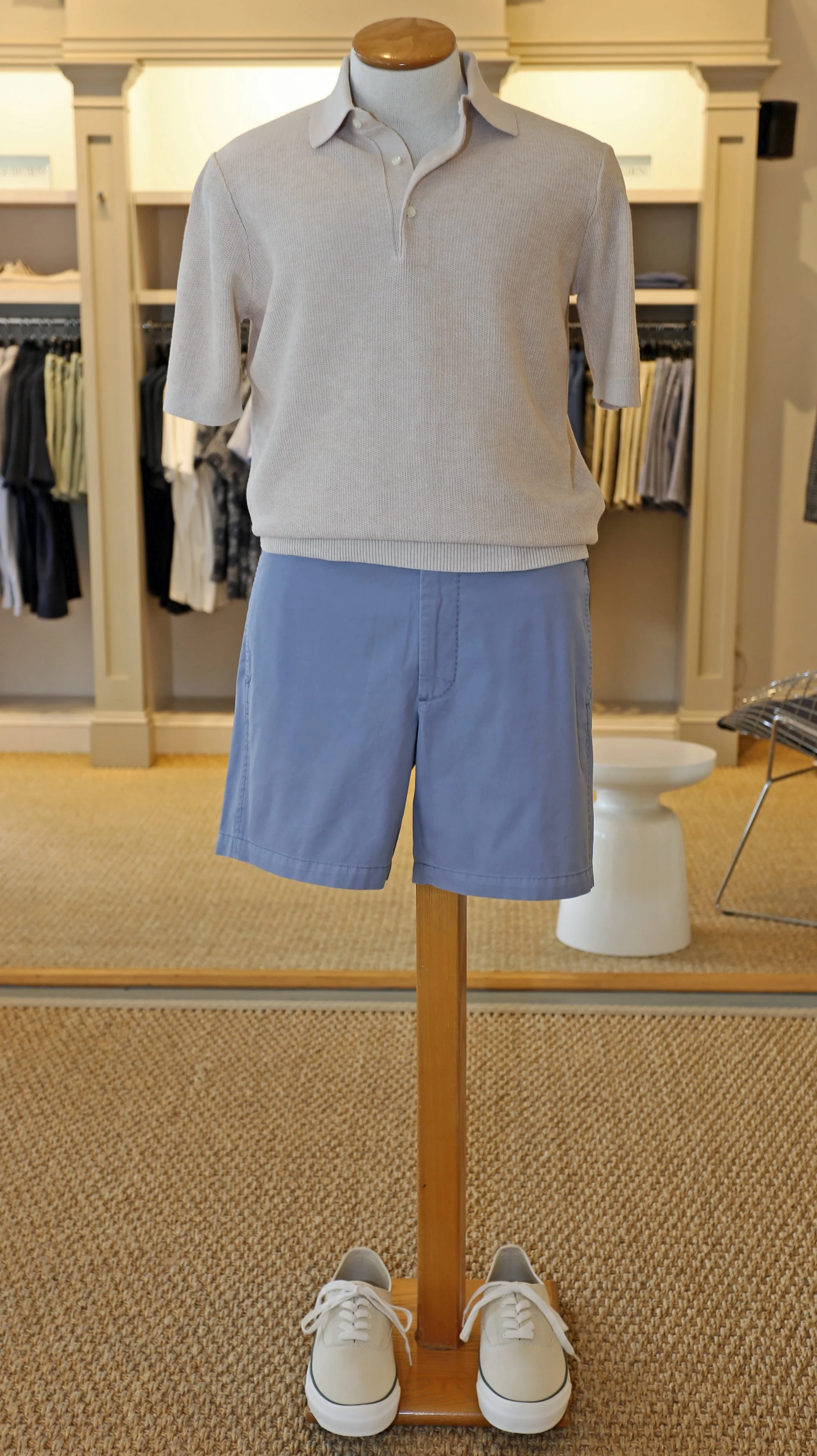   Sid Mashburn Textured Cotton &amp; Linen Hyannis Polo in Bone $325    Sid Mashburn Cotton Twill Sport Short in Pigeon $145    Sid Mashburn Footwear Quint Canvas Sneaker in Natural $150  