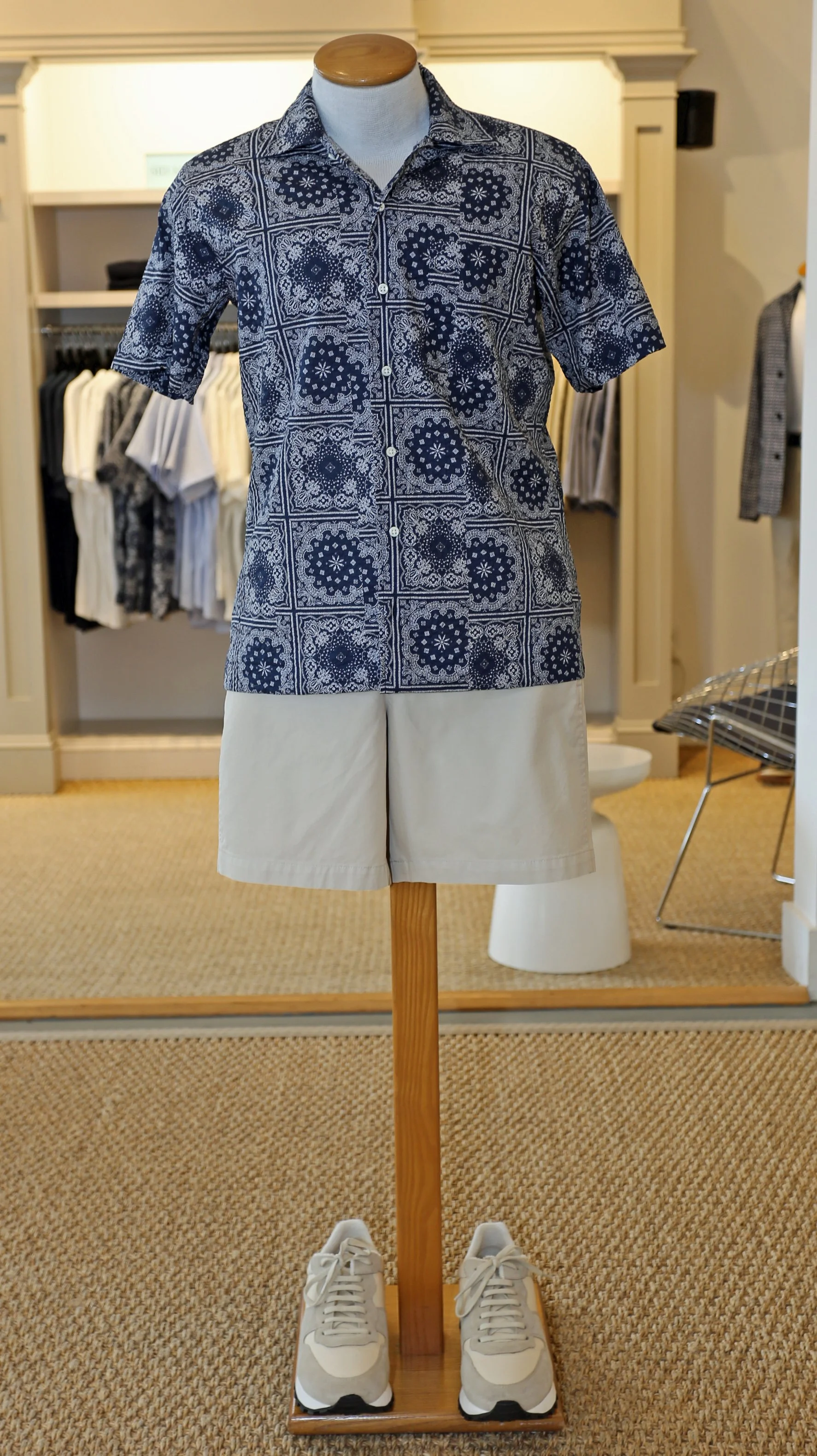   Sid Mashburn Ripley Shirt in Textured Navy Paisley $195    Sid Mashburn Sport Short in Stone $145    Sid Mashburn Footwear Trainer in Stone &amp; Natural $250  