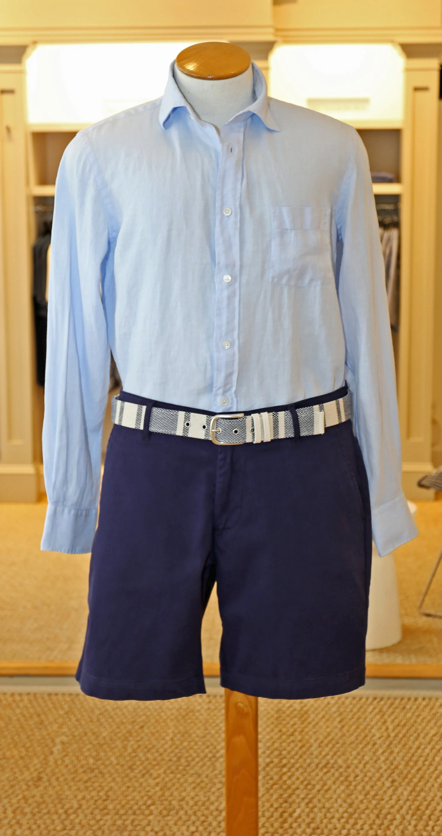   Hartford Paul Pat Linen Shirt in Sky Blue $225    Orciani Summer Tubular Belt in Blue &amp; White Fabric over Leather $215    AG Wanderer Short in Pacific Navy $145  