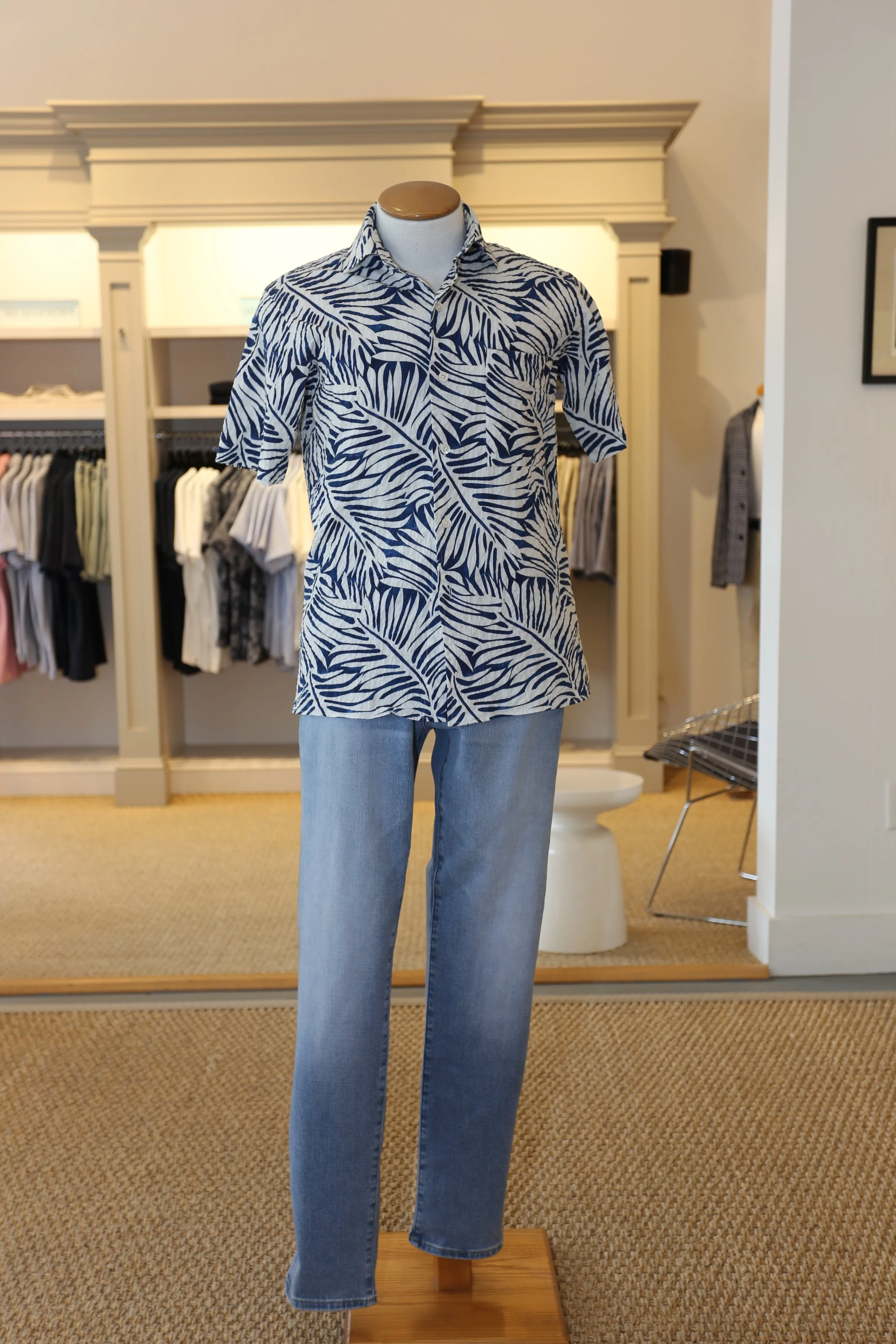   Hartford Pedro Textured Palms Print Shirt in Blue $290    AG Jeans Tellis Jean in Sequoia wash $225  