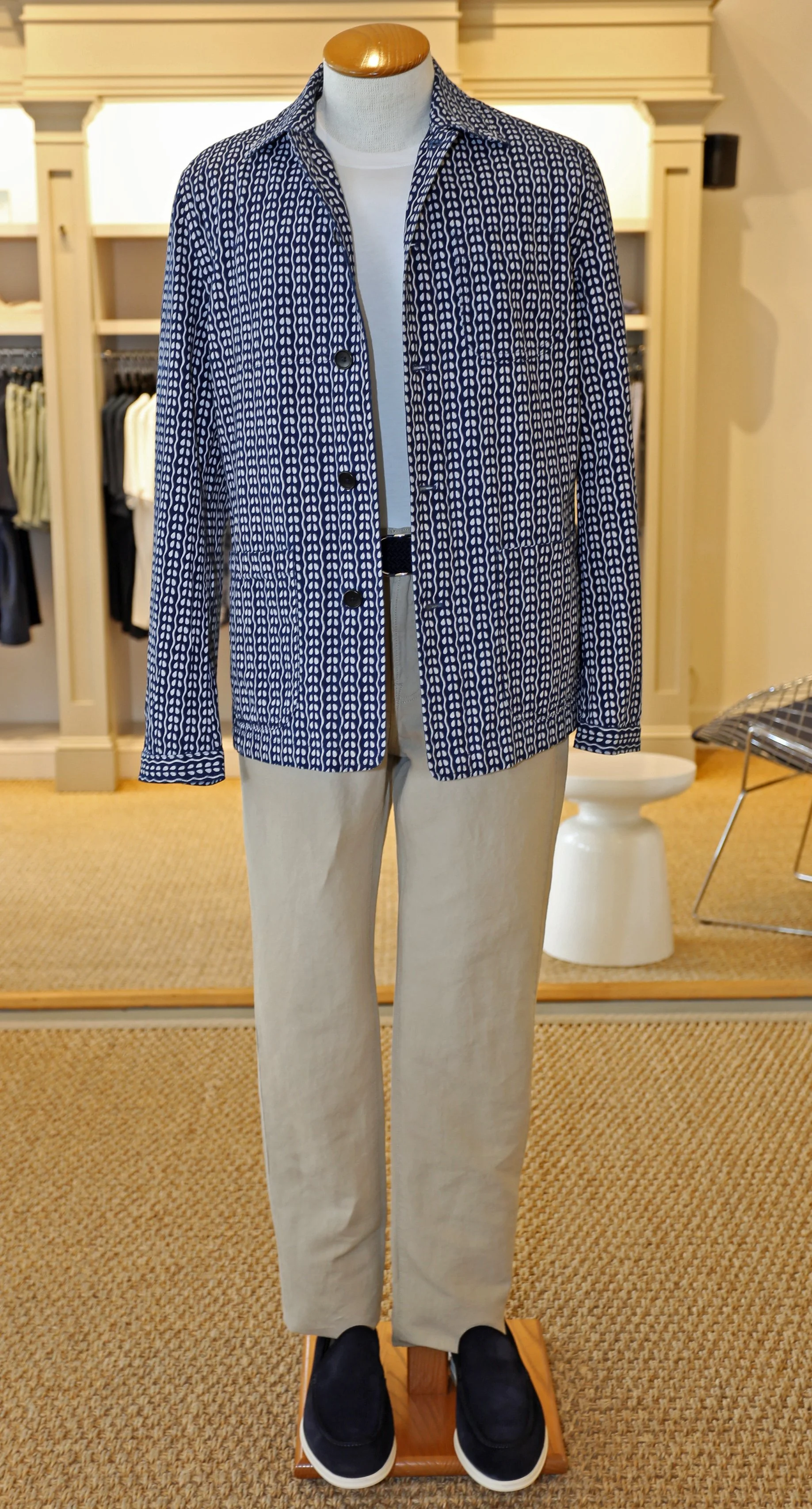   Sid Mashburn Chore Jacket in Navy &amp; Bone Batik Print $350    Sid Mashburn SS Pima Tee in White $75    Sid Mashburn 5 Pocket Canapa Pant in Stone Hemp &amp; Cotton $250    To Boot New York Montage Slip-On in Navy Sueded $398  