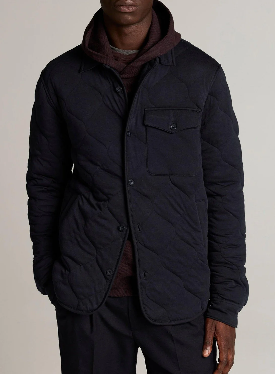 Quilted Cotton-Blend Insulated Shirt Jacket in Coastal Blue $468