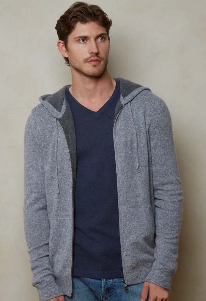Full Zip Cashmere Hoodie in Pepper and Black $620