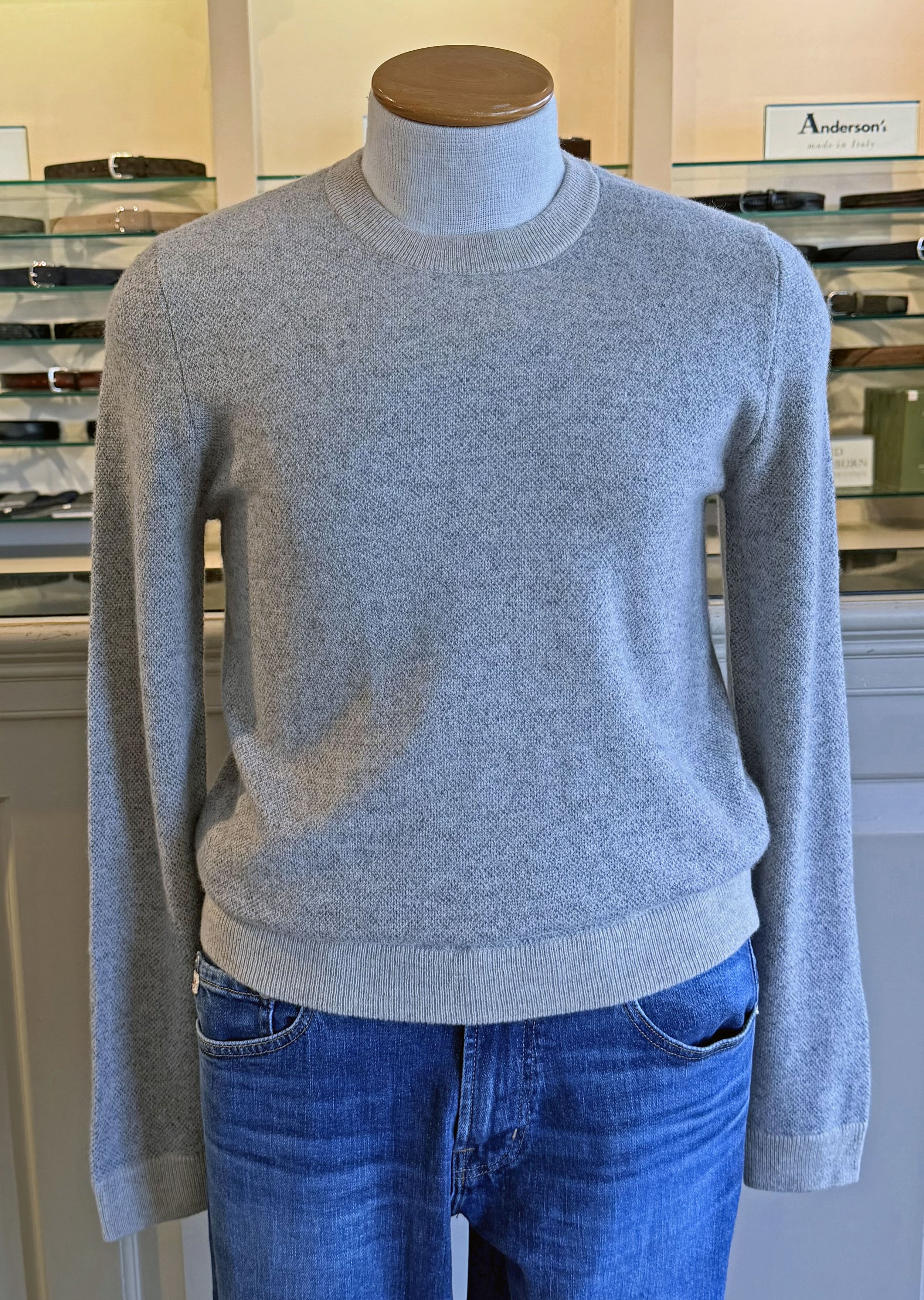 Birdseye Crew Cashmere Sweater in Ecru & Polar Grey $470