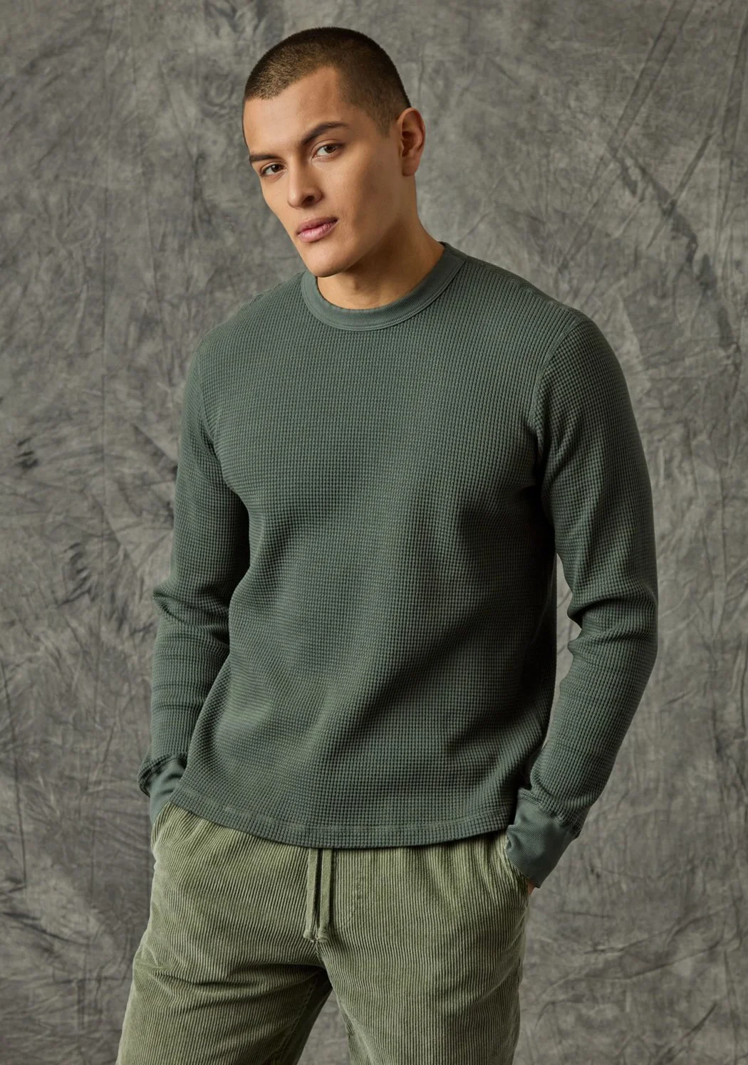 LS Waffle Crew Tee in Army Green $120