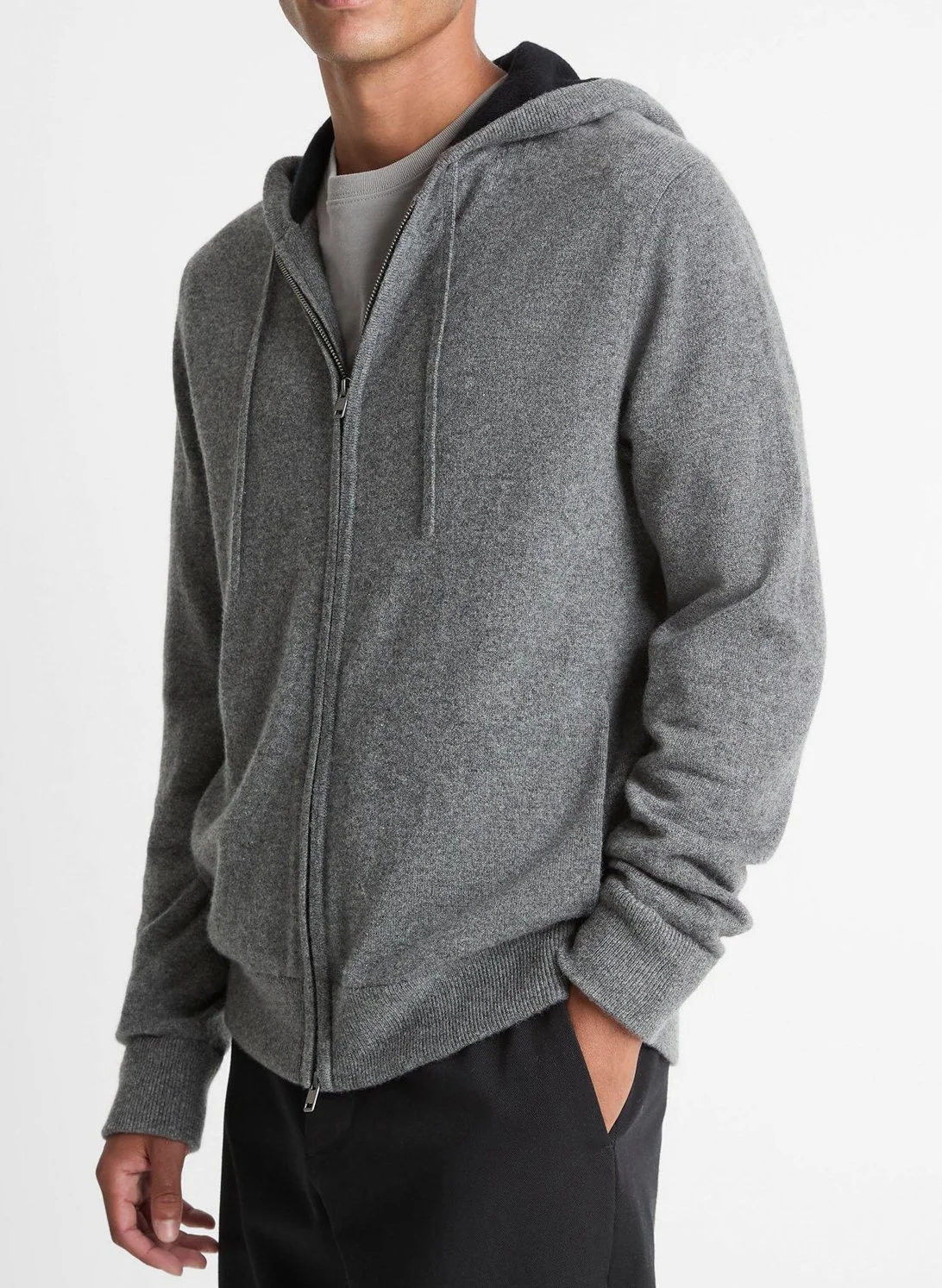 Cashmere Zip-Front Hoodie in Med. Grey & Black $568
