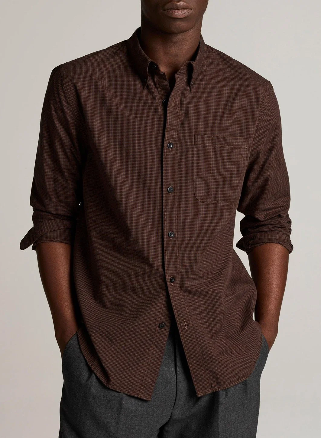 Carnes Micro-Plaid Shirt in Chocolate Plum $228