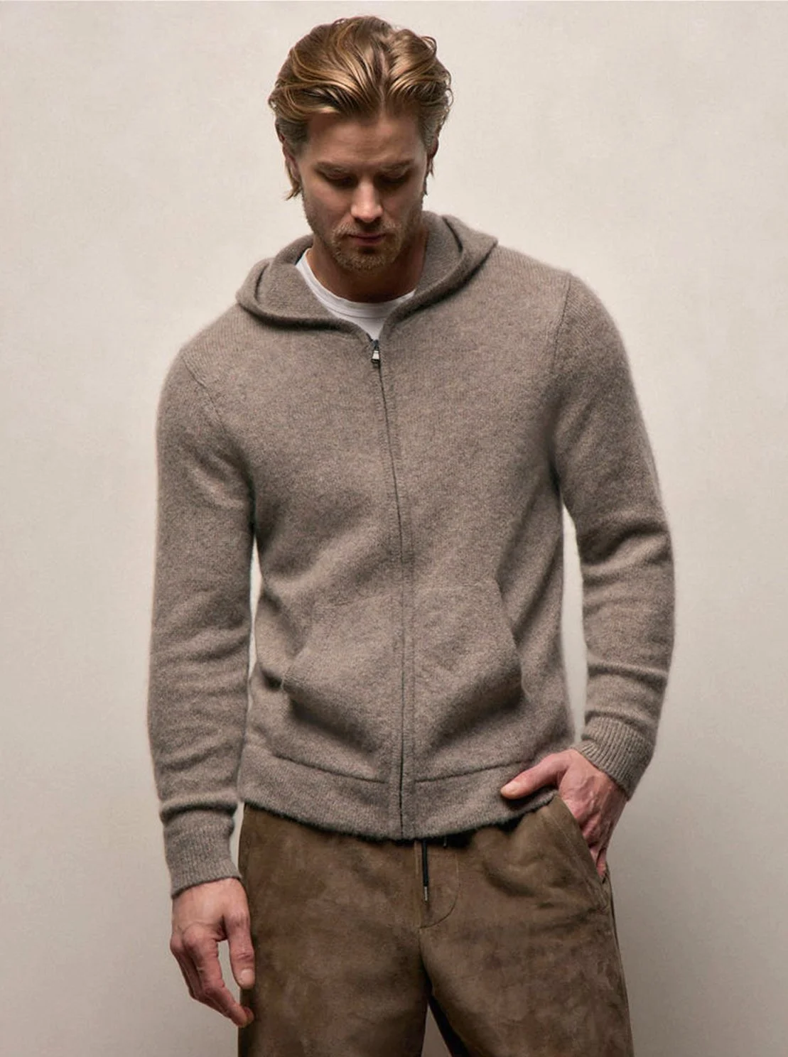 Lightweight Textured Cashmere Zip Up Hoodie in Beige Melange $695
