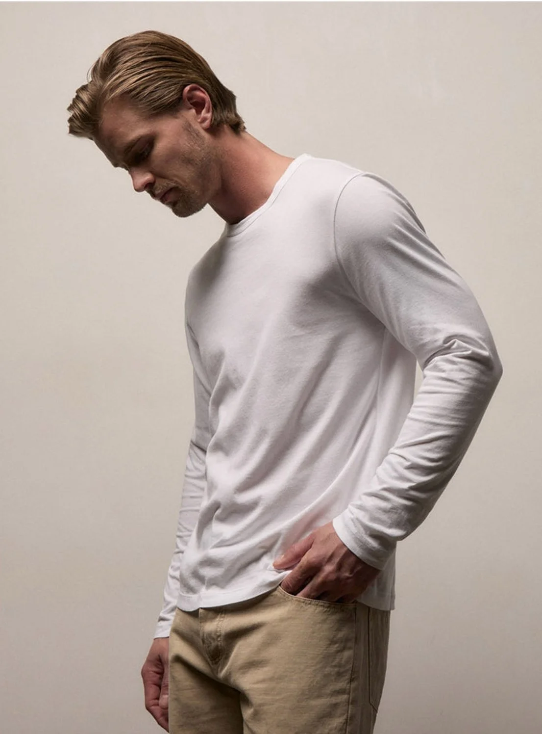 Luxe Lotus Japanese Jersey Long Sleeve Crew in White $195