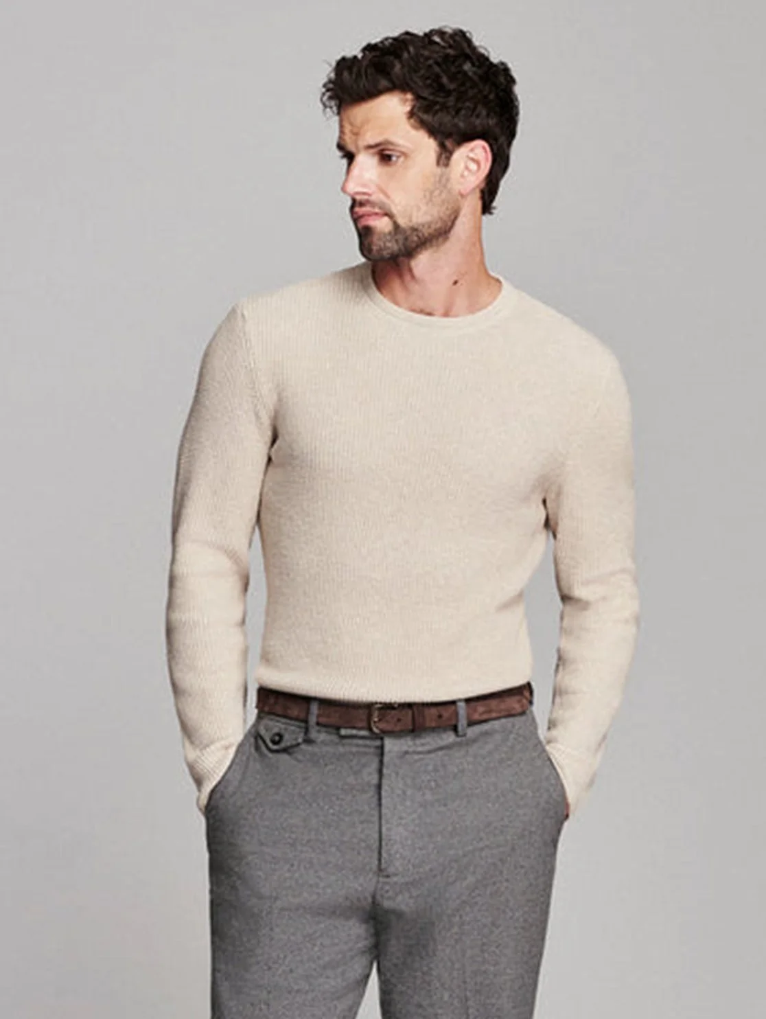 Martin Cotton-Cashmere Mini Waffle Crew in Oatmeal Heather $228