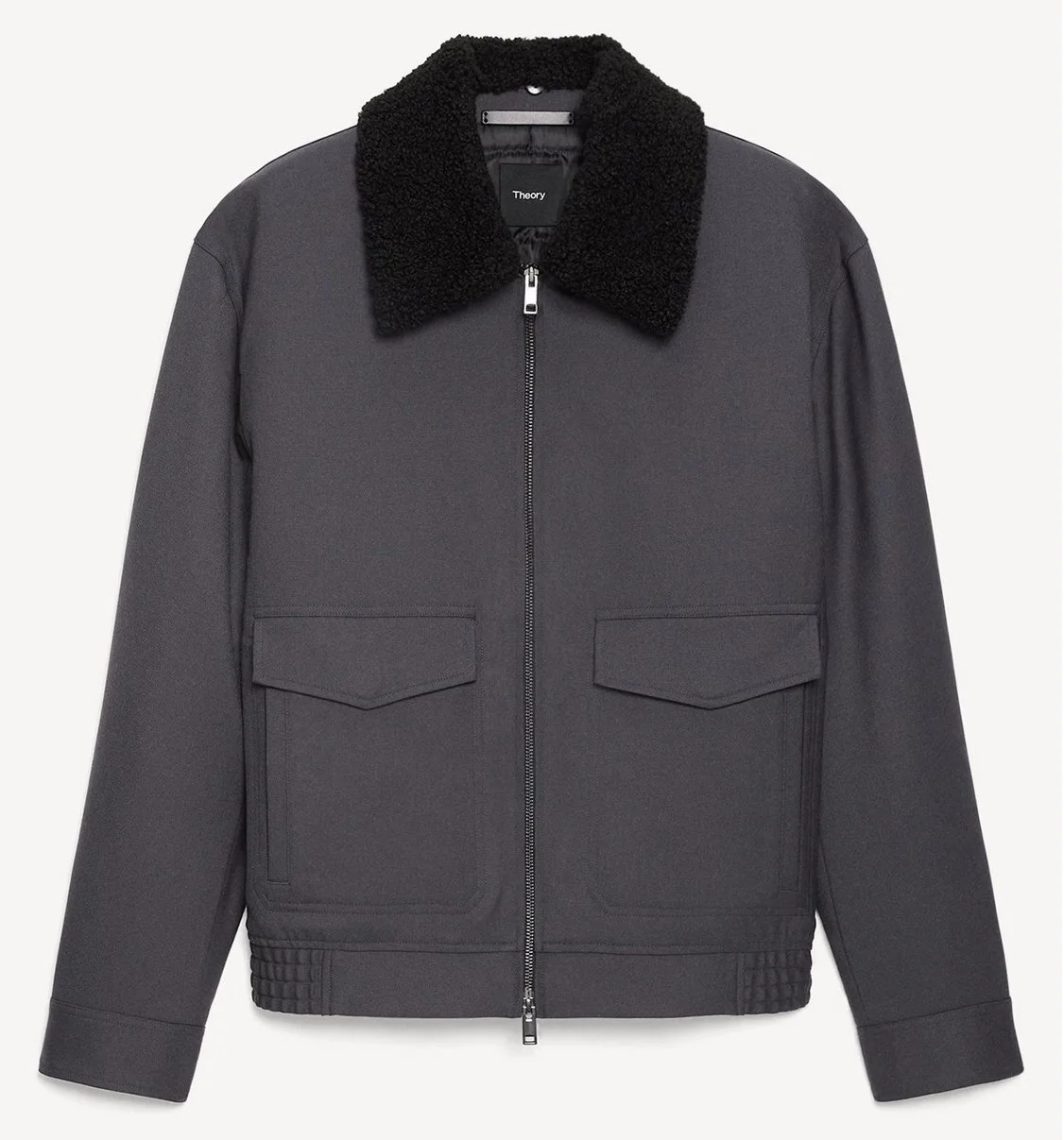 Aviator Jacket in Pressed Twill with a Detachable Shearling Collar in Phantom Grey $595