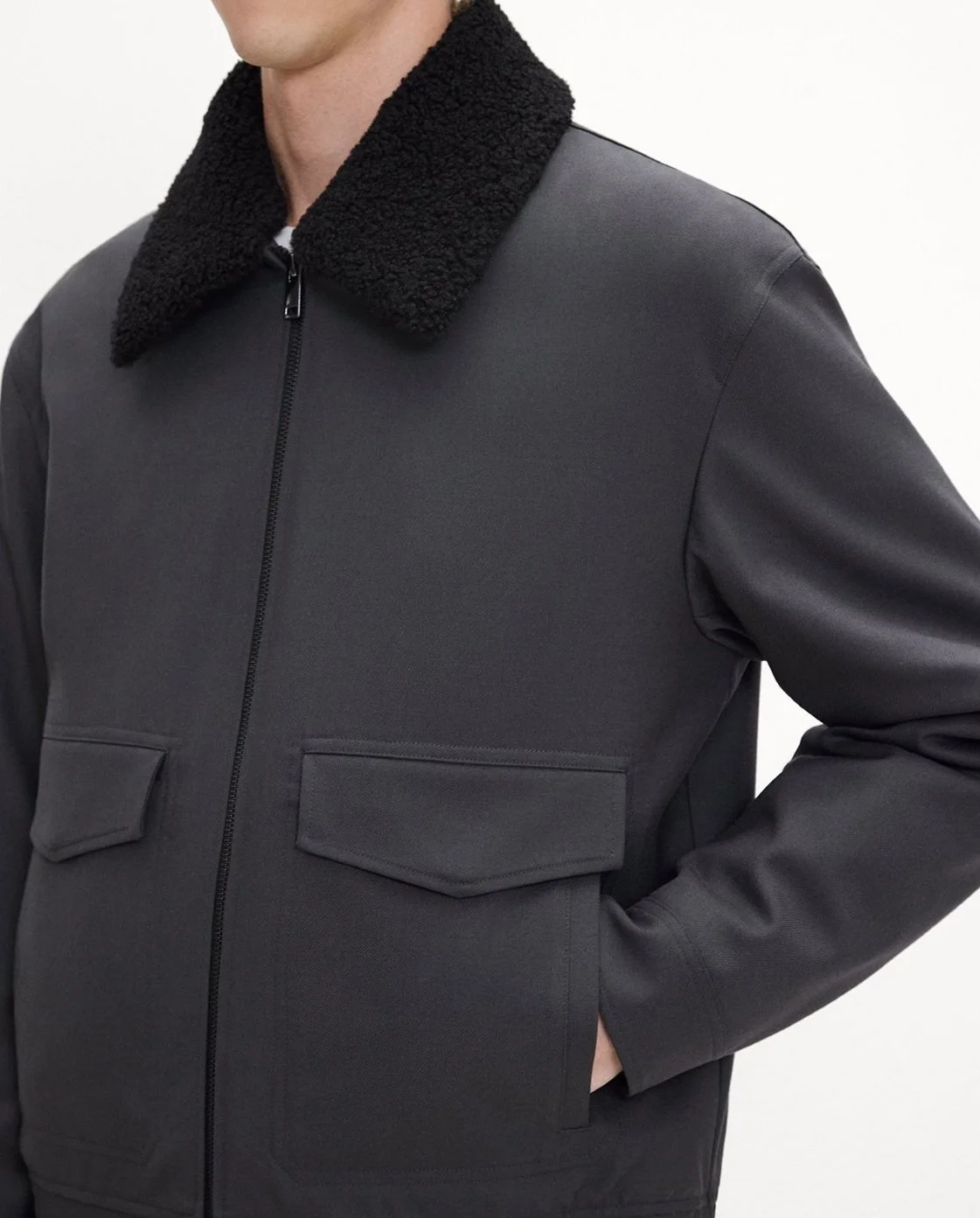 Aviator Jacket in Pressed Twill with a Detachable Shearling Collar in Phantom Grey $595
