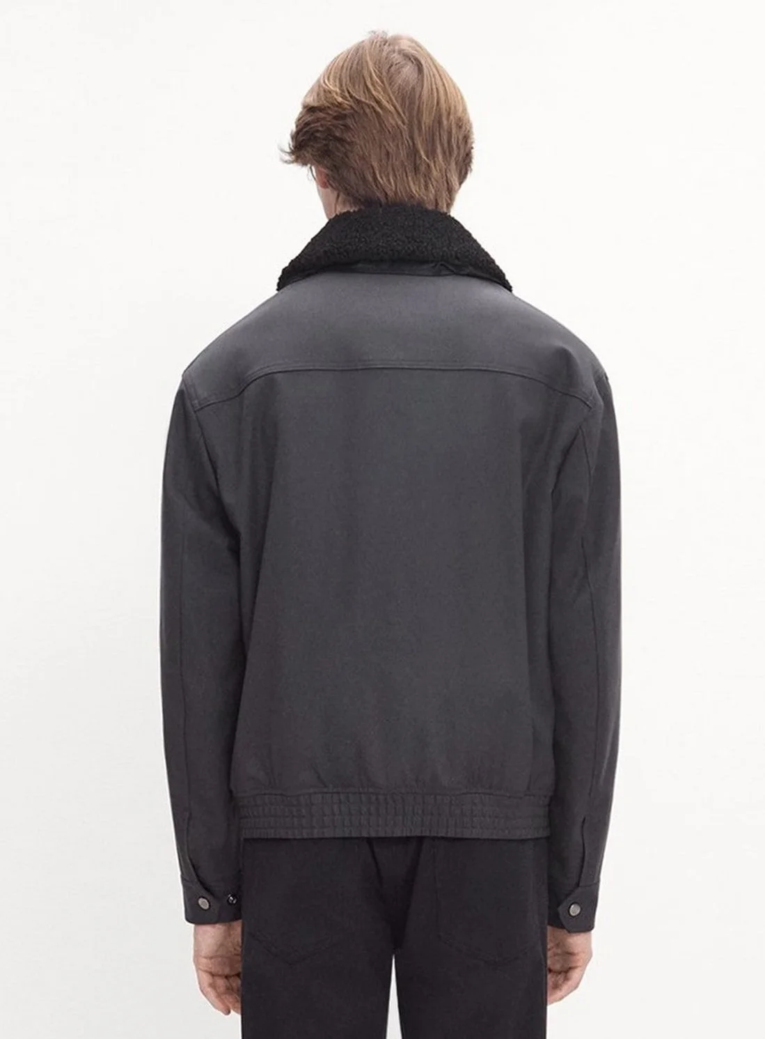 Aviator Jacket in Pressed Twill with a Detachable Shearling Collar in Phantom Grey $595