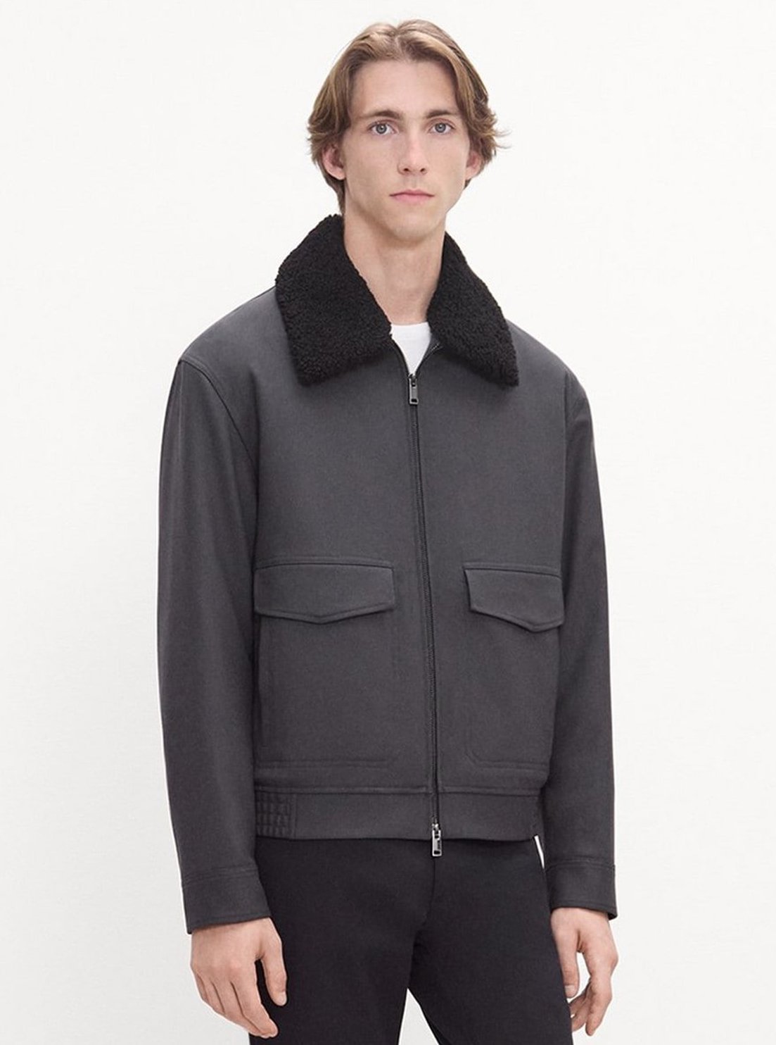 Aviator Jacket in Pressed Twill with a Detachable Shearling Collar in Phantom Grey $595