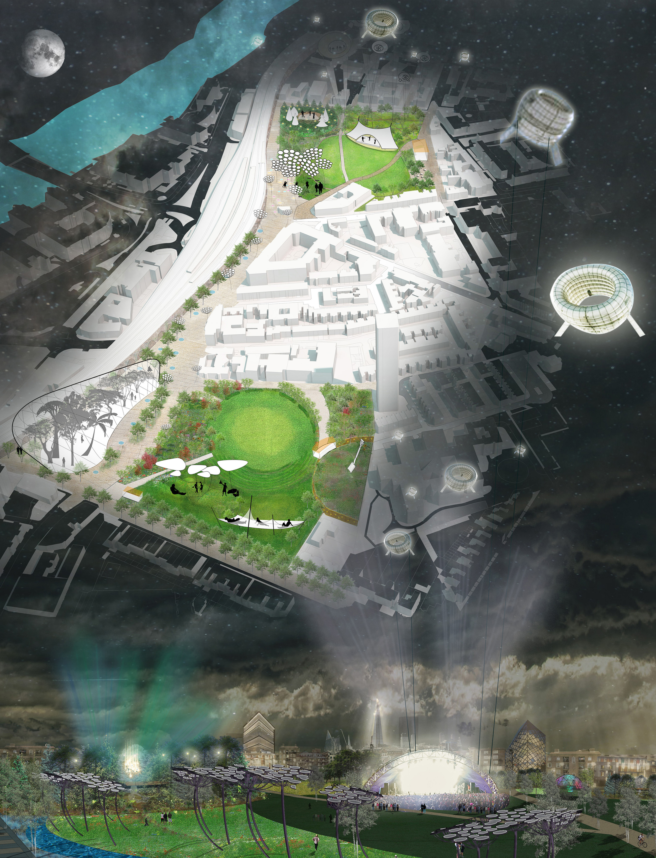 Vauxhall Pleasure Gardens at night and the 3D plan of the scheme