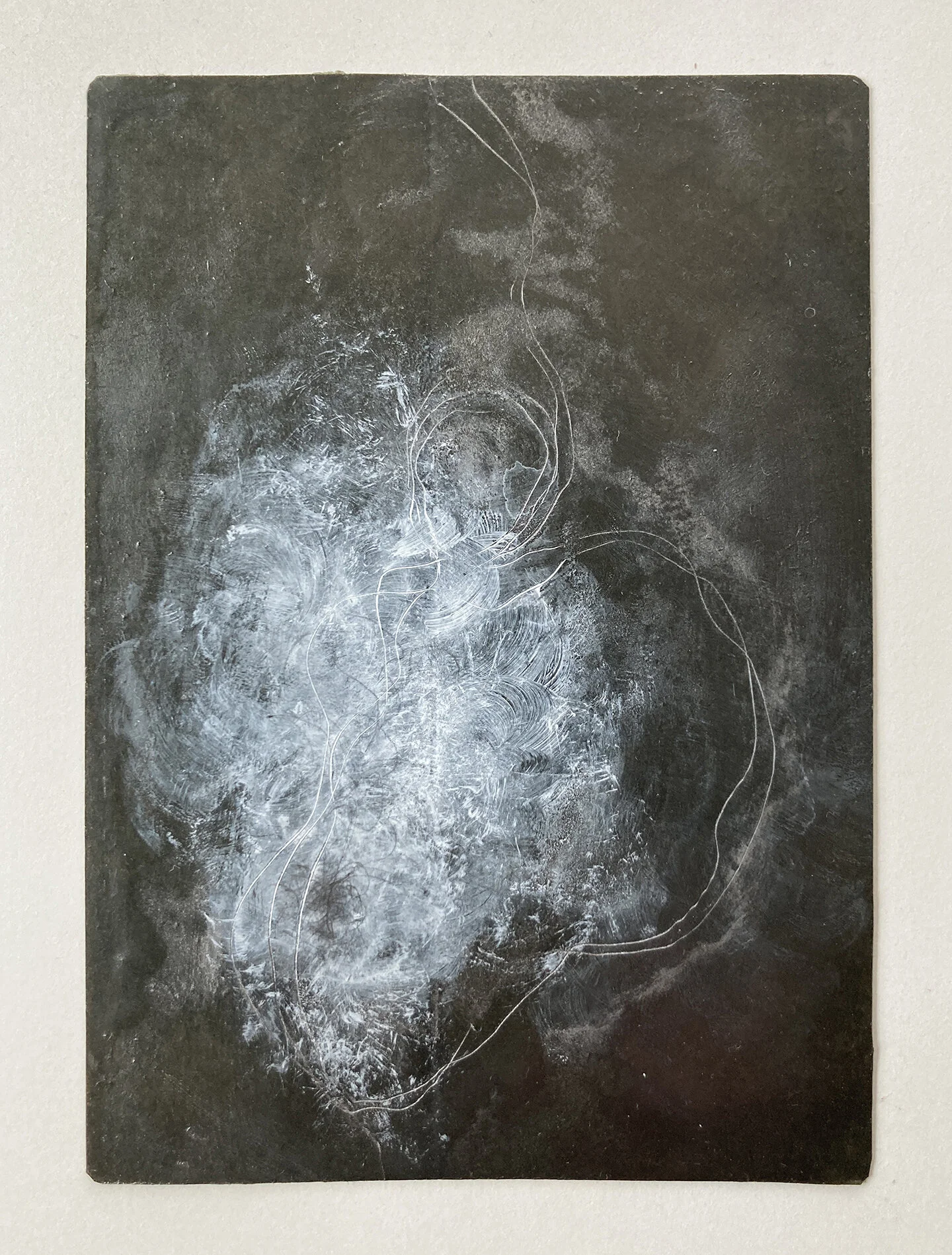 Entering the Cloud , 2020, hanging file paper, beeswax, acrylic, graphite, approximately 6 x 4”