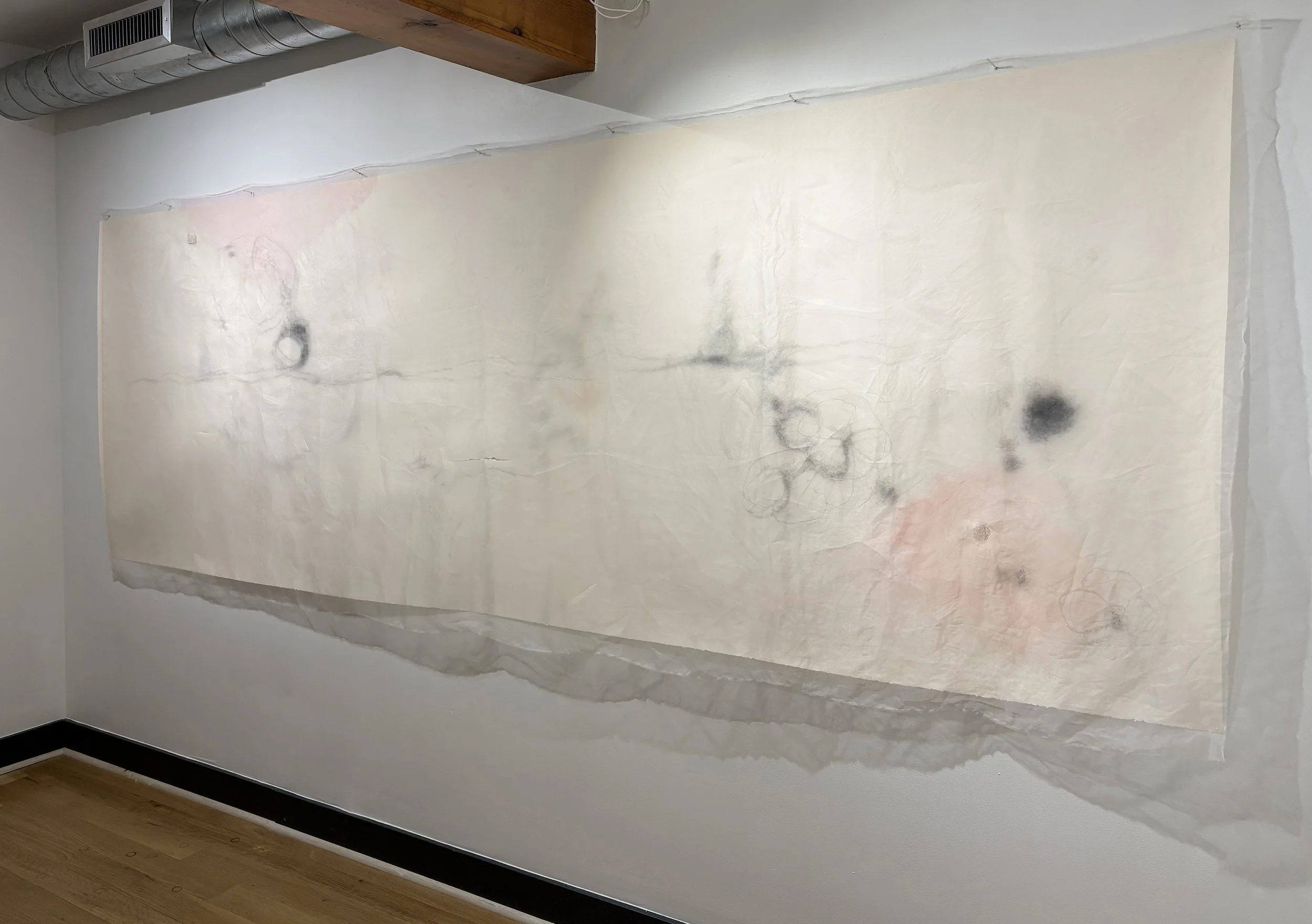   Re-Membering , 2026, silk, graphite, pastel, mixed media, 54" x 128" 
