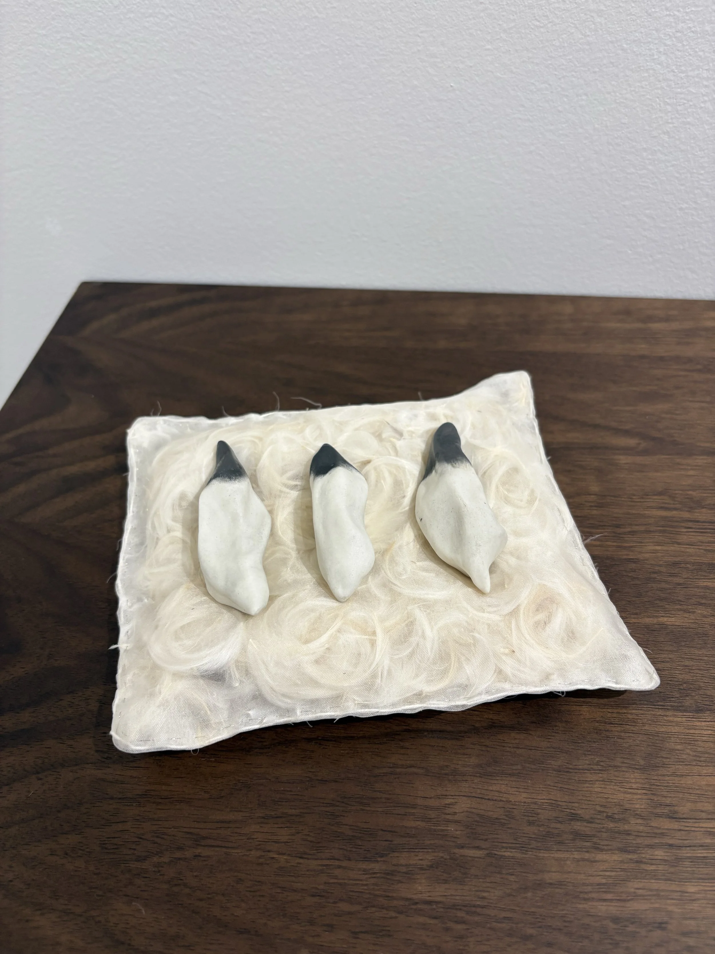   Amulet , 2026, silk, feathers, porcelain, graphite, 5 1/2 x 6 1/2 x 1 1/2" 
