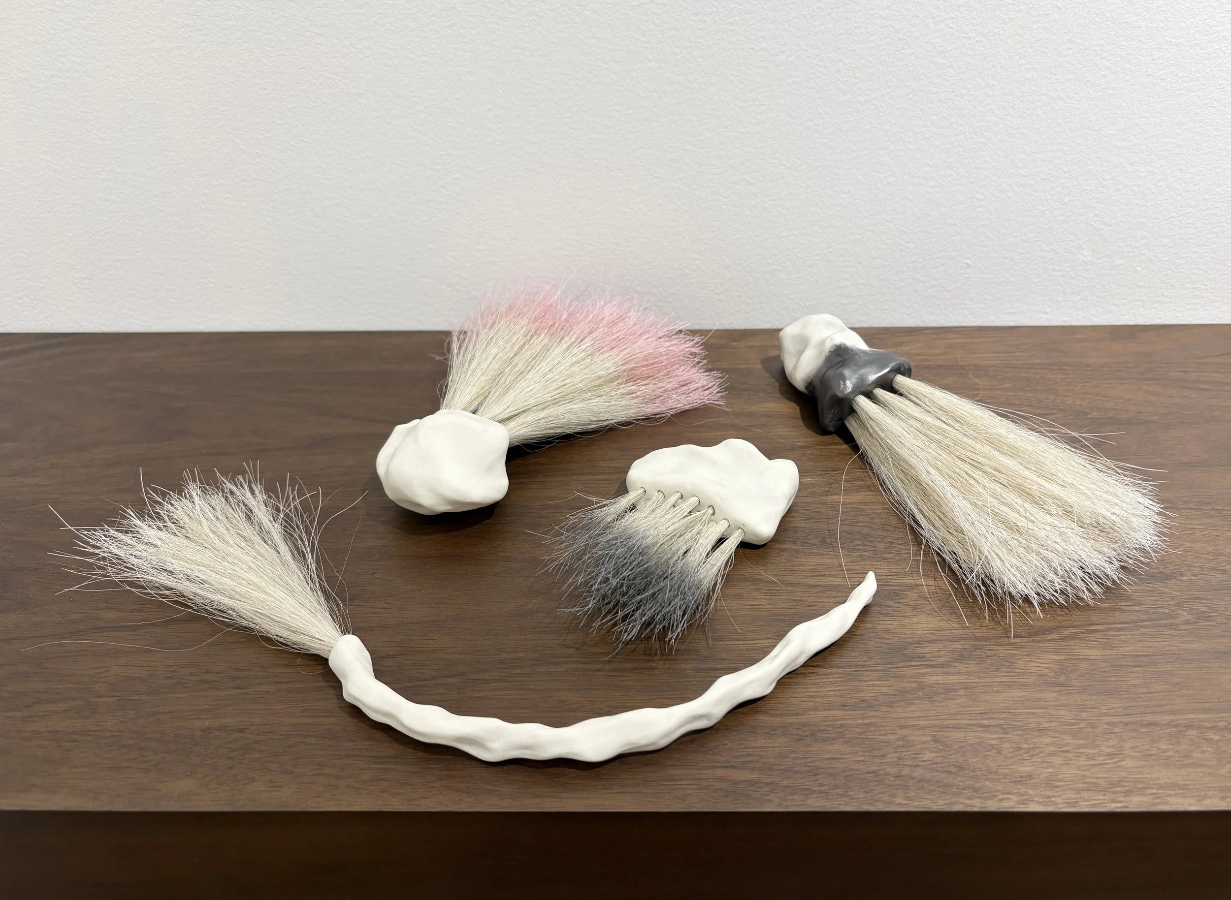   Memory Tools , 2026, porcelain, horsehair, dye, graphite, variable sizes (four pieces) 