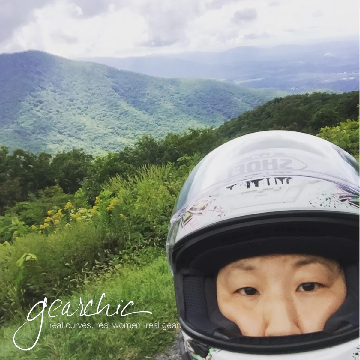 Me wearing my Shoei RF-1200 along Skyline Drive in VA