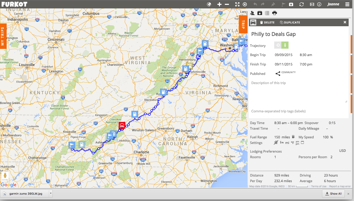 My Furkot route from my trip to the Women's Sportbike Rally last Fall