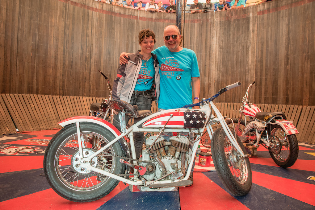 Sarah and Robert inside the wall of death at AMA Vintage Days earlier this year (Photo: Sara Liberte)