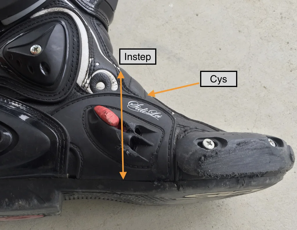 This is a photo of my Sidi boots after I lowsided in them on a 40mph curve (on a backroad). The strength of this boot is what saved me from strained, fractured or broken bones. I didn’t have any of that, at all. The only thing I had was a little swelling on the top of my foot and a bruise.