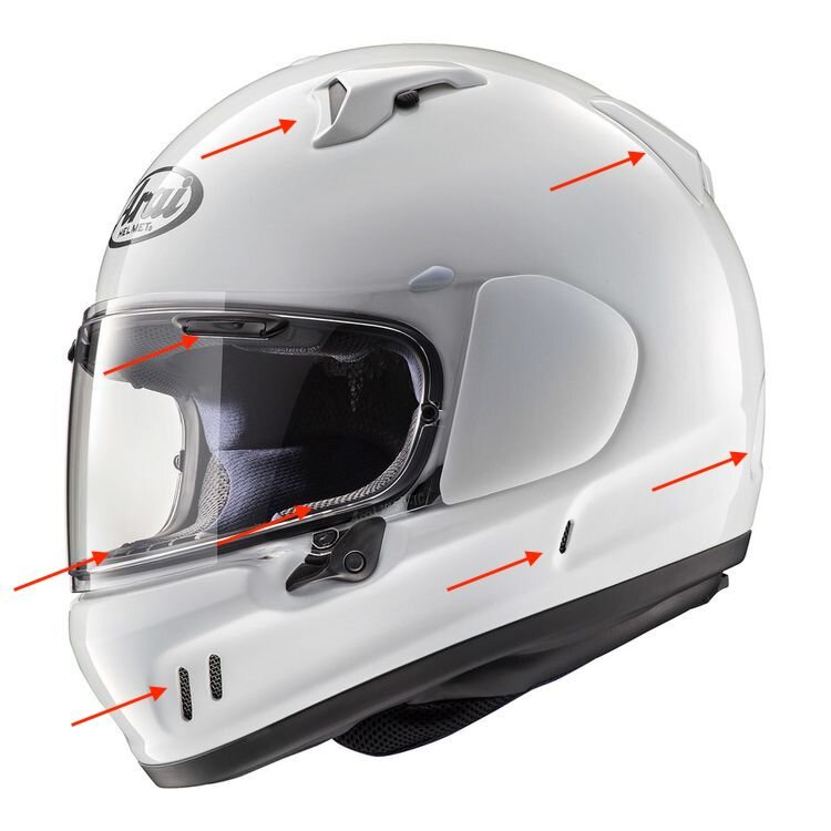 MSRP $659.95 Arai Defiant-X with half of the ventilation points illustrated. Add up the arrows and double that number. Now you have more ventilation than ever before.
