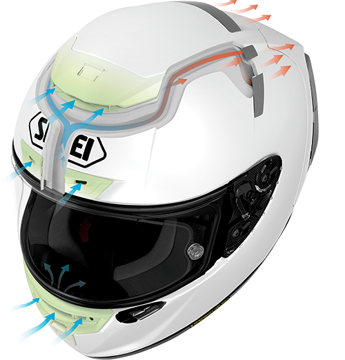 Unique channel events that push air physically through the helmet. ShoeiHelmetsUsa.com .