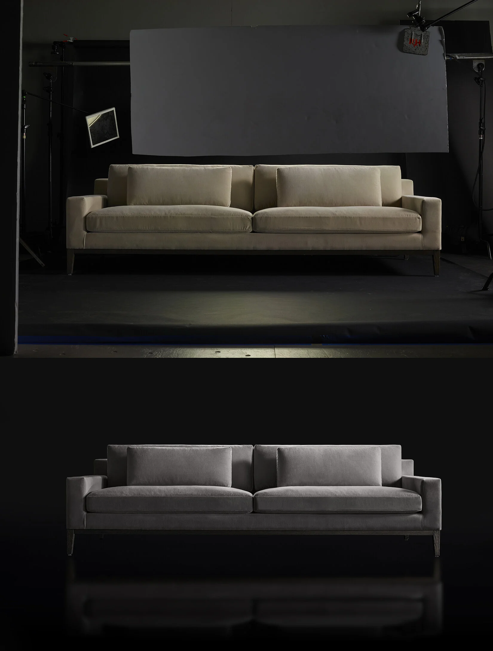 Italia Track Arm Sofa Velvet. Retouching Wrinkles &amp; Blemishes in Velvet. Straightening Forms, Color Matching Fabric and Wood. Detailed Process Here