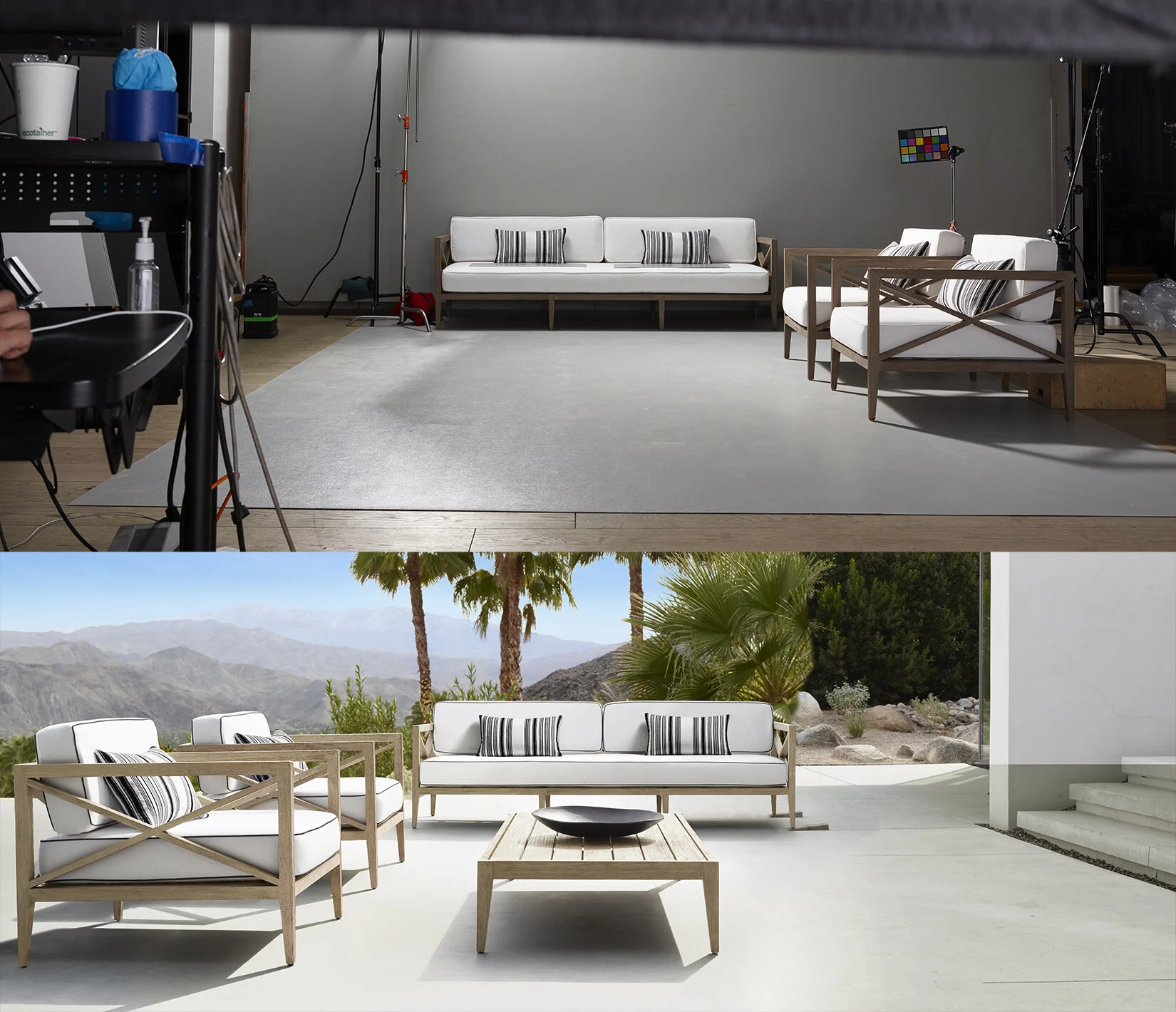 Creation of Restoration Hardware Catalog Spread: Here showing indoor set to match outdoor location. Detailed Process of this Spread Here