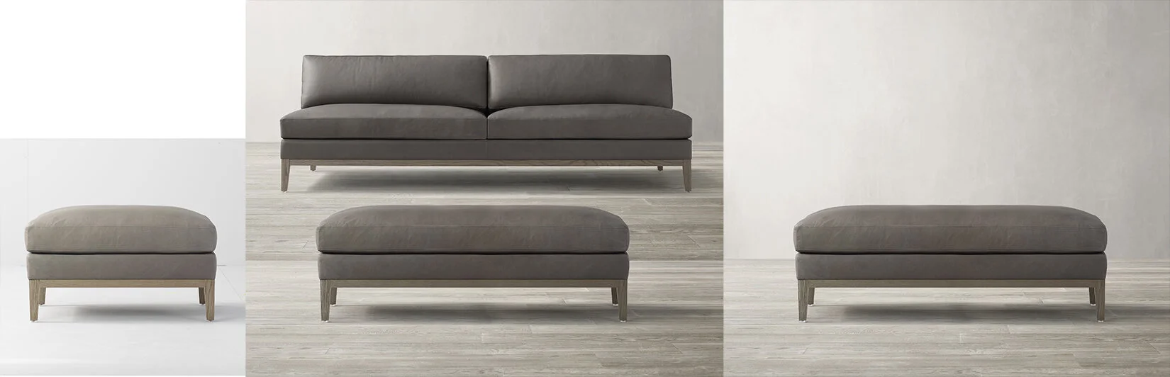 ITALIA LEATHER OTTOMAN ; Product was lengthened to new spec. and color matched to new Leather &amp; wood seasonal line.
