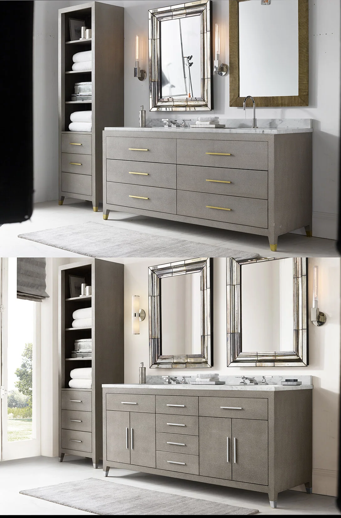 Building Bath Scene. Sometimes products aren’t available and reshot at later dates.  Here counter, mirror, lights, background were added in and/or recreated.