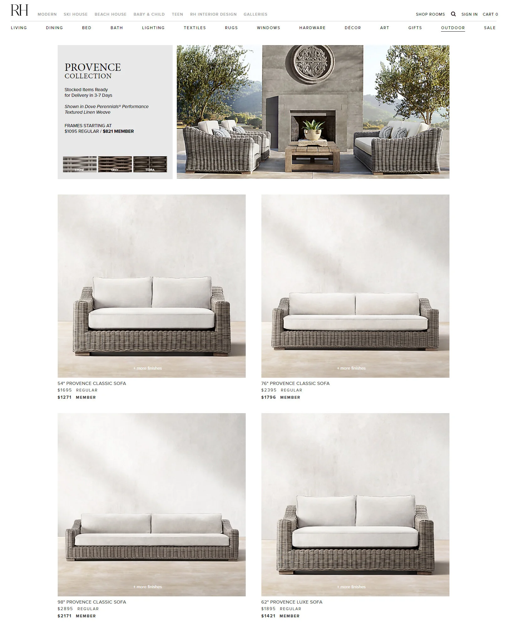 Clicking on PROVENCE online catalog pages directs you to Restoration Hardware Ecommerce product page. Seen Here