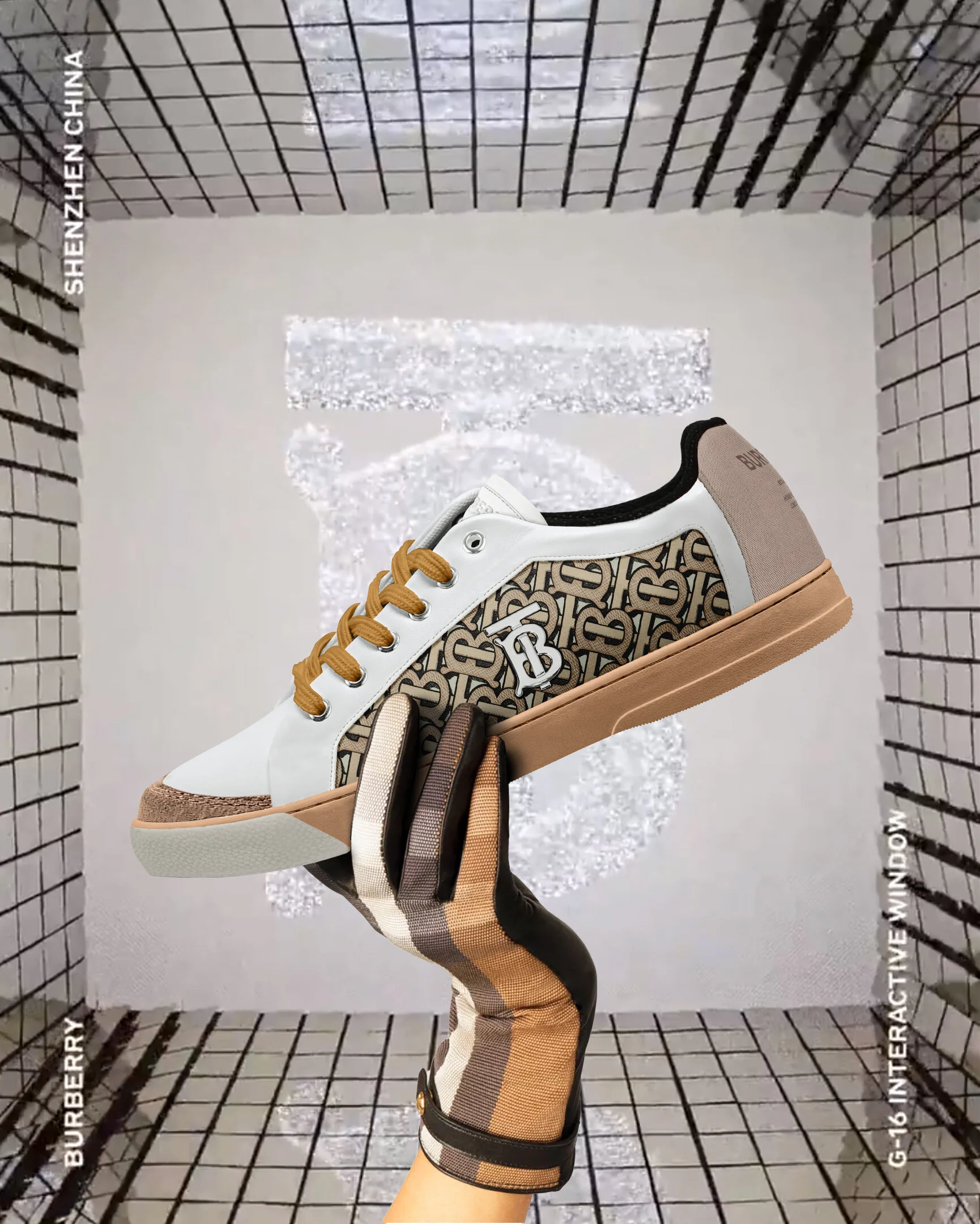 Final Composited Burberry shot. Shoe Design, Pathing, Color Matching, Swatch creation, Product Hand compositing onto Burberry Background Image.