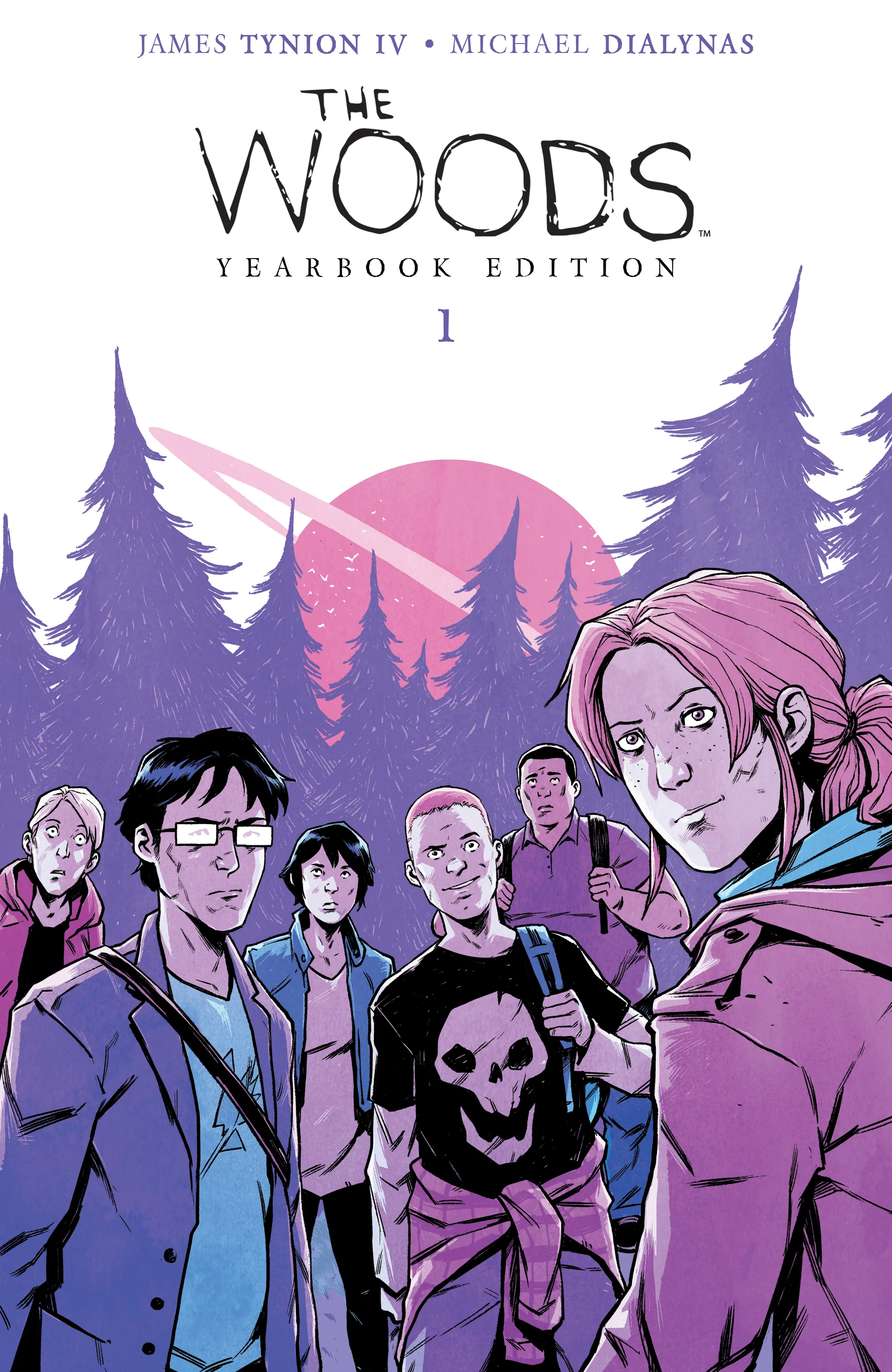 A Midwestern high school is transported into the middle of an alien forest. This is the story of what happens next. On a brisk fall day in suburban Milwaukee, Wisconsin, 437 students, 52 teachers, and 24 additional staff from Bay Point Preparatory High School vanished without a trace. Countless light years away, far outside the bounds of the charted universe, 513 people find themselves in the middle of an ancient, primordial wilderness. Where are they? Why are they there? The answers will prove stranger than anyone could possibly imagine. Written by James Tynion IV (Detective Comics, Memetic) and illustrated by Michael Dialynas (Teenage Mutant Ninja Turtles),The Woods Yearbook Edition Book One collects issues #1-12 of the critically-acclaimed saga Jeff Lemire (Black Hammer) calls “creepy, funny, charming, and mysterious.”