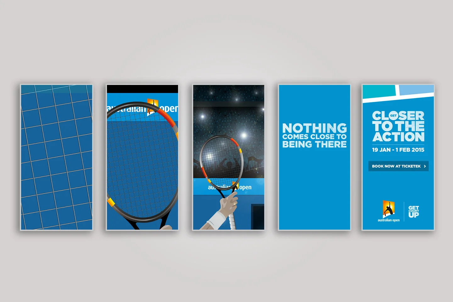 We zoom out from an extreme close up of a tennis racket string to see a player celebrating under camera flash lights.