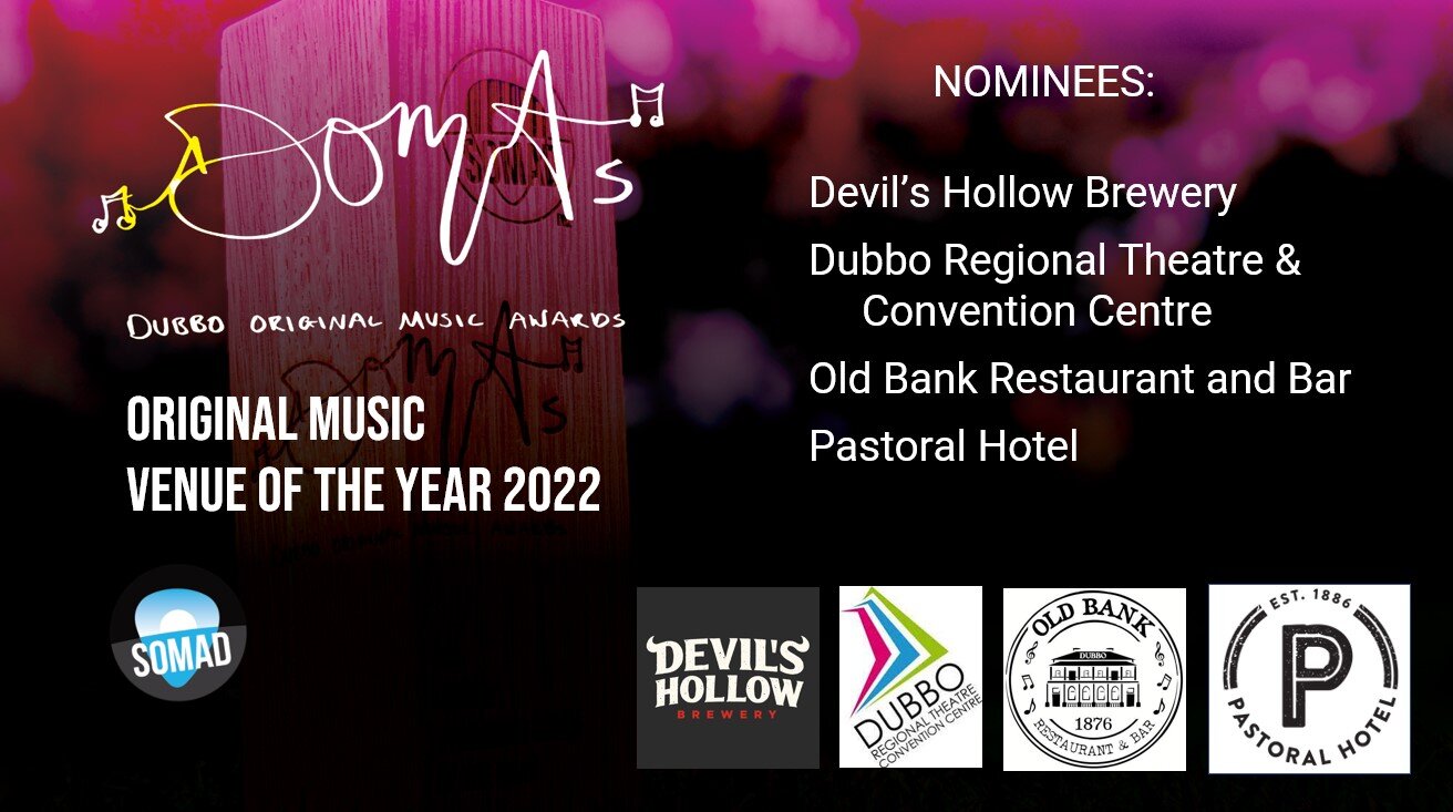 Dubbo Original Music Awards 2022 nominees for live original music venue of 2022 include four quality establishments across Dubbo. 

We are grateful to all venues who host original music, and our members will be voting on this one with gusto. 

Come a