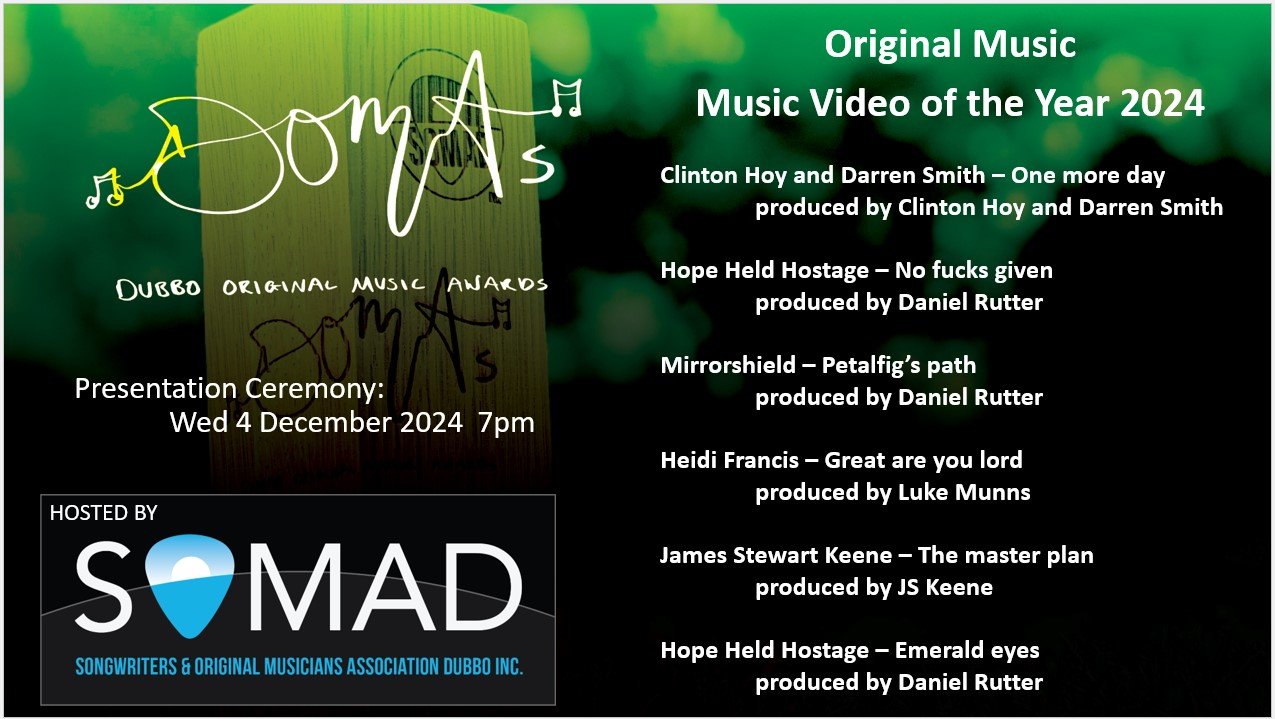 One of the seven peer-voted categories at the upcoming Dubbo Original Music Awards 2024 is the Original Music Video of the Year. 

We have six excellent nominees this year - check them out on youtube!

Tickets on sale for the award ceremony on Wed 4 