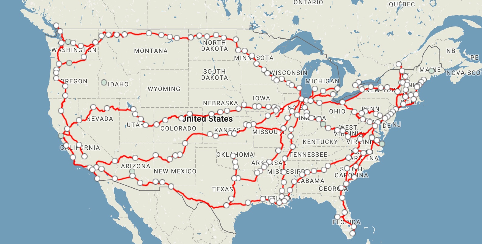 2016 map of Amtrak routes and stops.