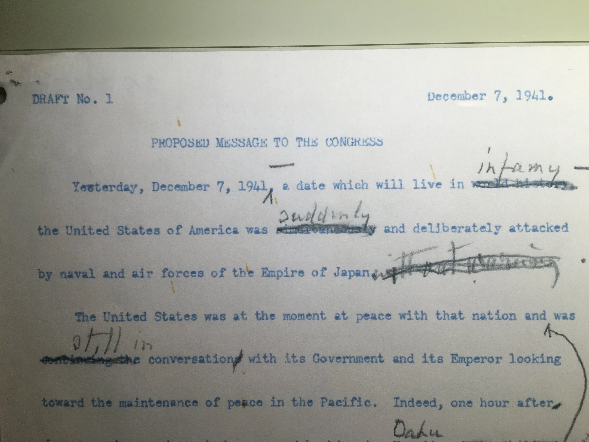 Draft of Roosevelt's speech to Congress, photo by Derek Wright.
